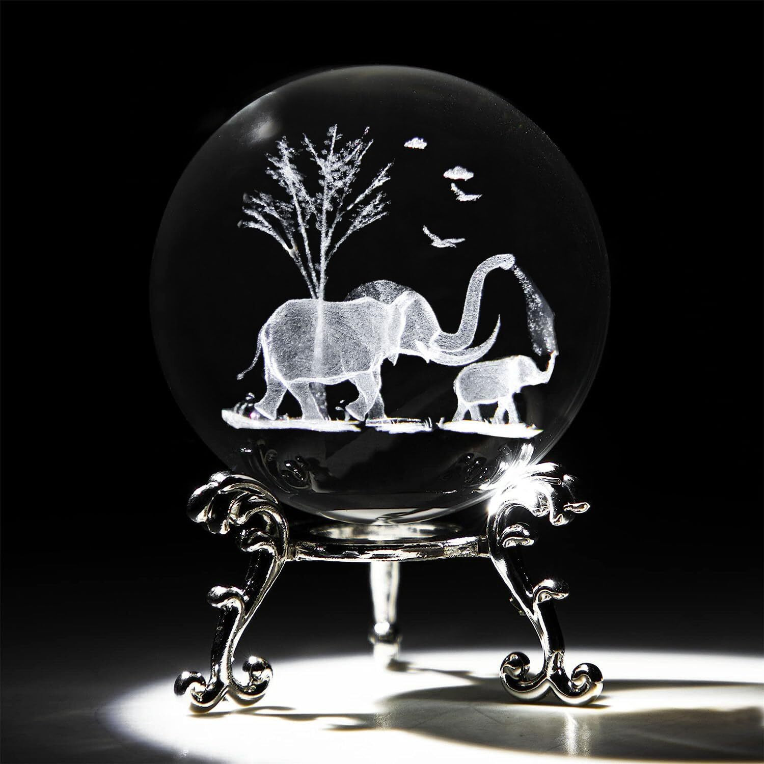 2 Inches Elephant Crystal Ball With Stand 3D Laser Engraved Mother Son Elephants Figurine 3D Quartz Glass Ball Decoraive Sphere Table Decor Craft Paperweight