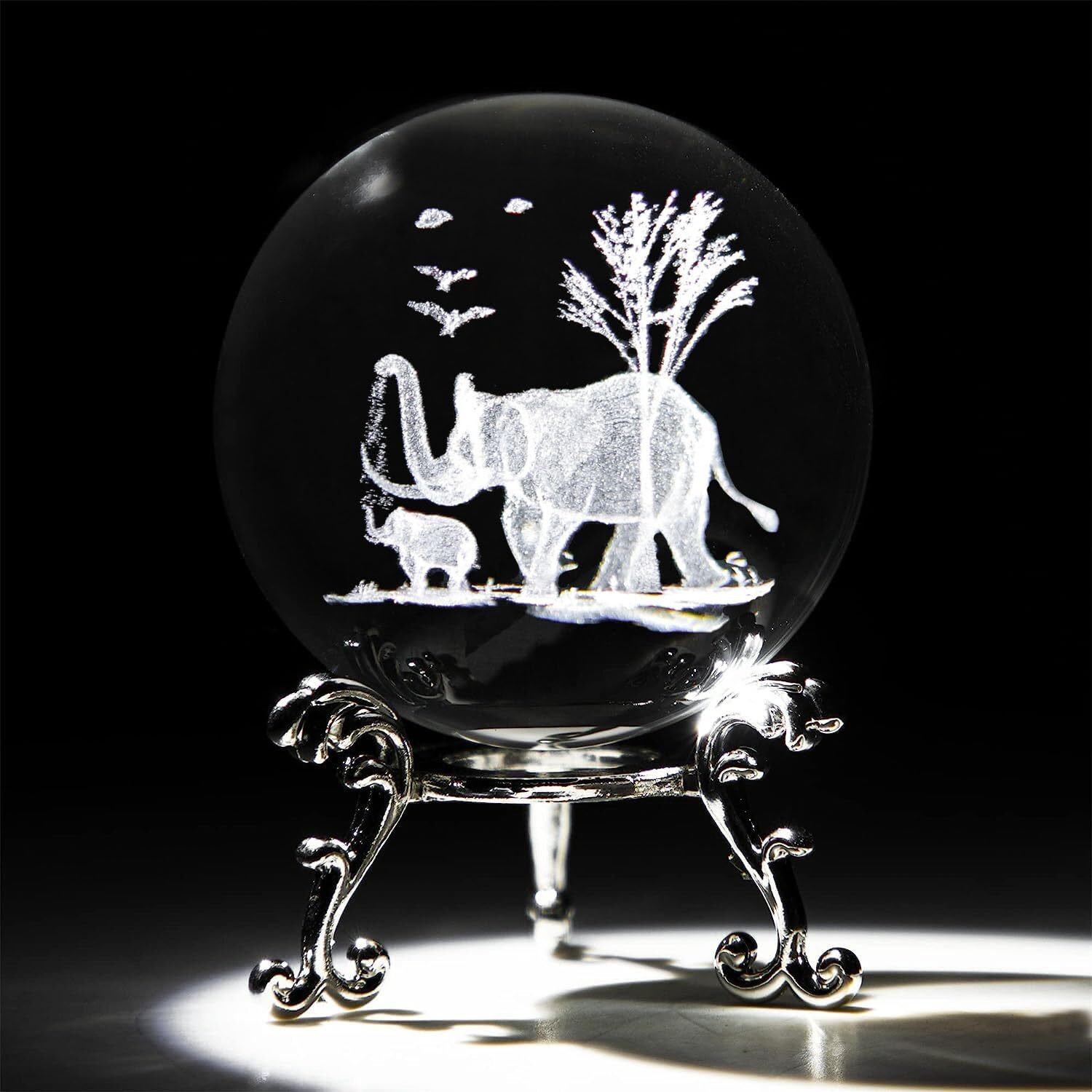 2 Inches Elephant Crystal Ball With Stand 3D Laser Engraved Mother Son Elephants Figurine 3D Quartz Glass Ball Decoraive Sphere Table Decor Craft Paperweight
