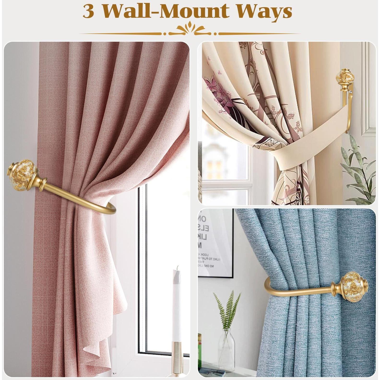 Usfook 2 Pack Gold Curtain Holdbacks  Decorative Drapery Tiebacks  Curtain Tie Back Hooks For Wall With Translucent Finials(6.1"" L X 4.1"" W)
