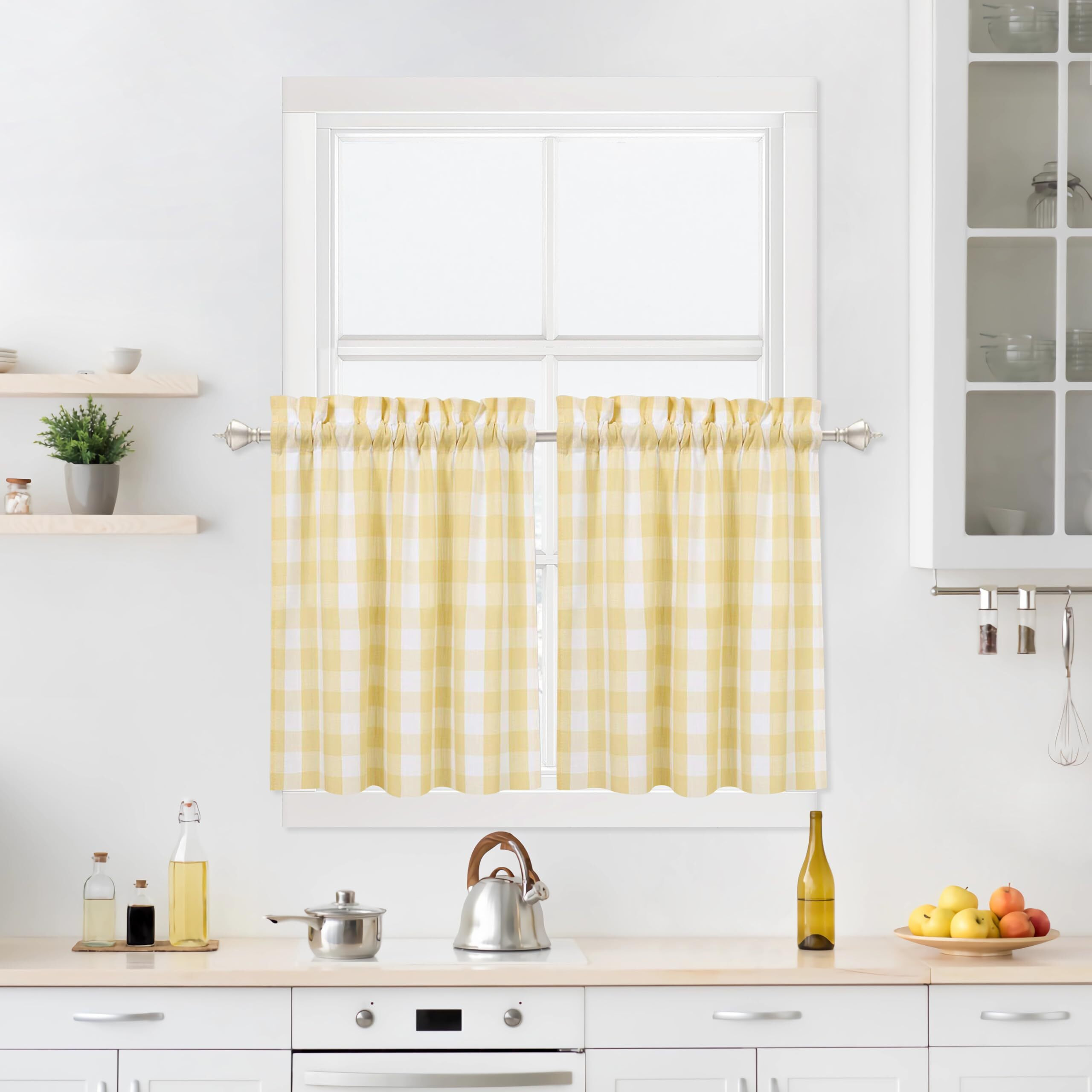 Yellow White Buffalo Plaid Cafe Curtains 30 Inches Long  Buffalo Check Kitchen Tier Curtains  Gingham Rod Pocket Short Window Curtain For Kitchen Bathroom  28"" W X 30"" L  Yellow/White  Set Of 2