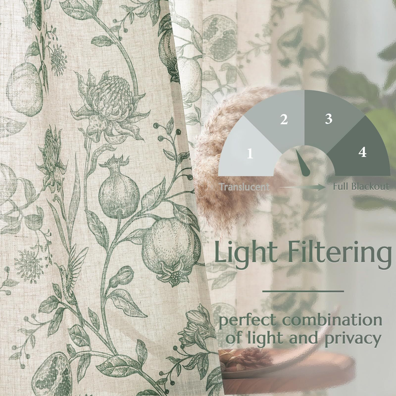 Jinchan Linen Curtains Floral Curtains For Living Room 84 Inch Long Dark Green French Curtains Back Tab Light Filtering Toile Print Farmhouse Bedroom Curtains Window Curtain Set 2 Panels