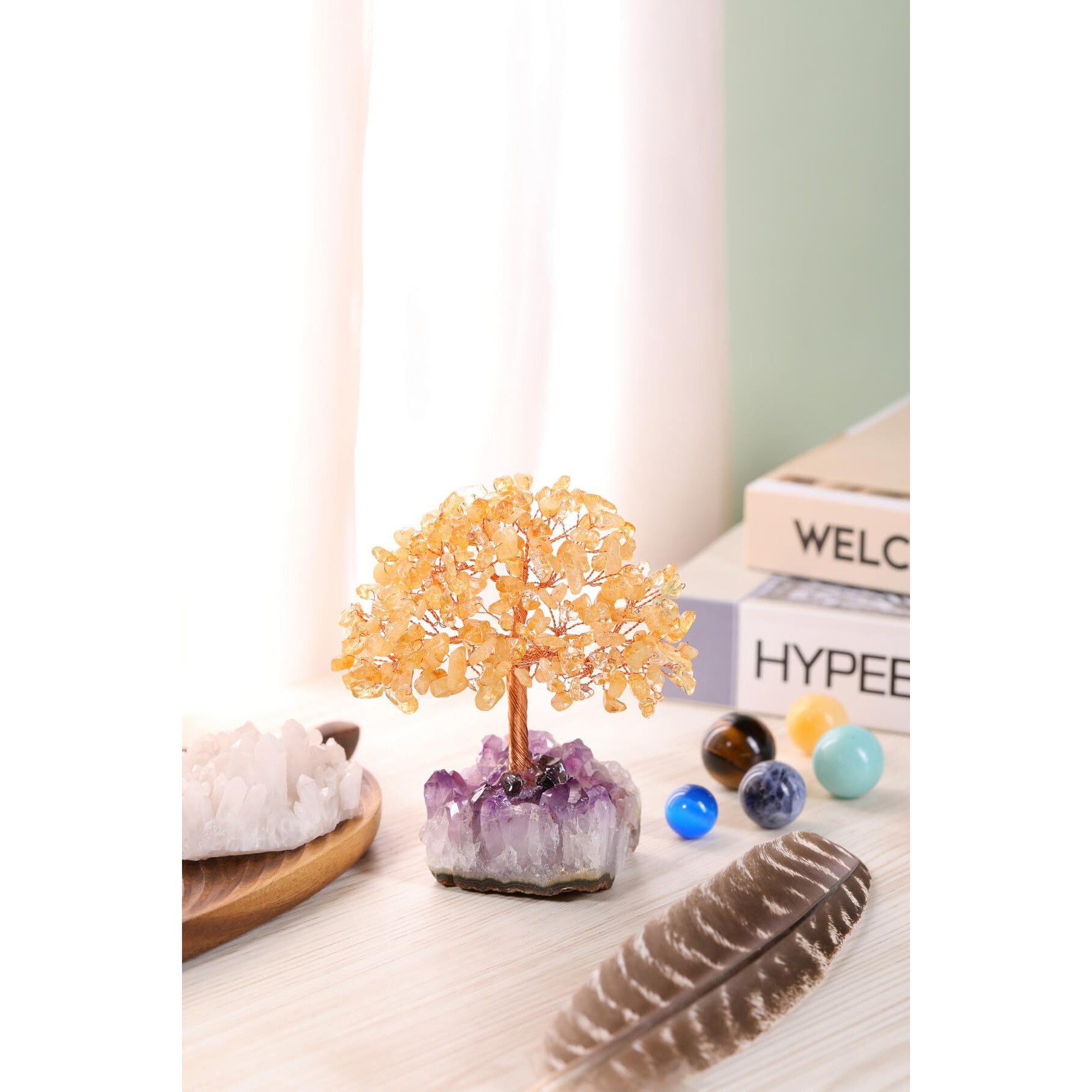 Jovivi Natural Citrine Healing Crystal Money Tree On Amethyst Cluster Geode Druzy Base Feng Shui Crystals For Home Office Desk Decorations  Wealth  Good Luck