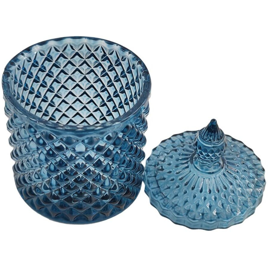 Sizikato Diamond Faceted Crystal Glass Candy Jar With Lid  18Oz Blue Decorative Jar  Nut Jar  Dried Fruit Storage Jar.
