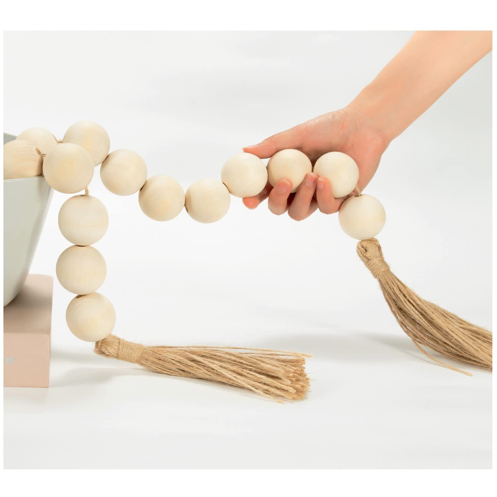 Omishe 60"" Long Large Wood Bead Garland With 1.6"" Diameter Wooden Beads And Tassels  Rustic Farmhouse Country Wood Beads Garland For Home Tiered Tray Decor  Decorative Beads With Tassels Natural Beige