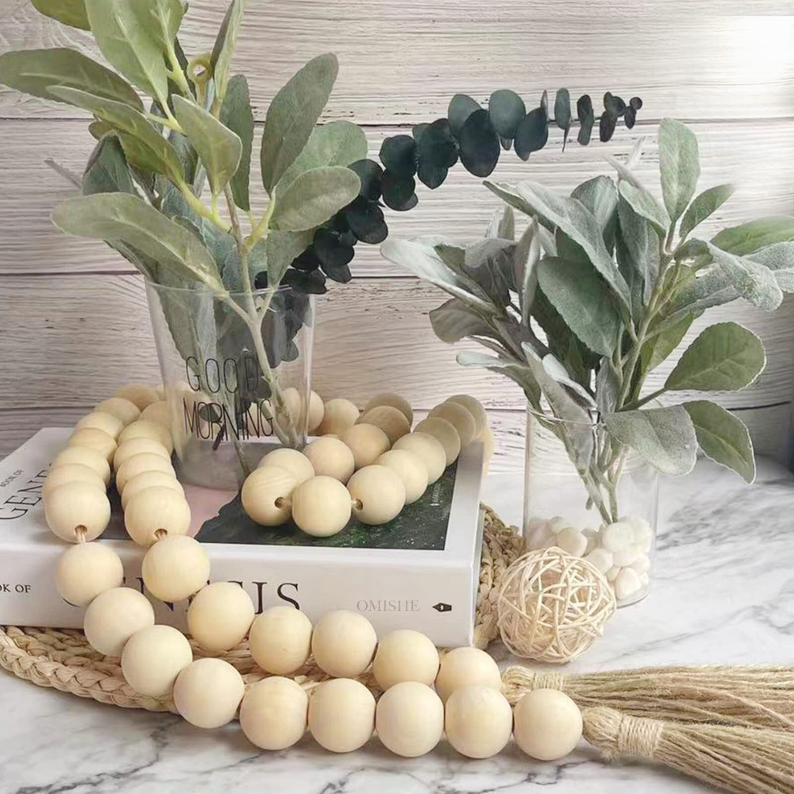 Omishe 60"" Long Large Wood Bead Garland With 1.6"" Diameter Wooden Beads And Tassels  Rustic Farmhouse Country Wood Beads Garland For Home Tiered Tray Decor  Decorative Beads With Tassels Natural Beige