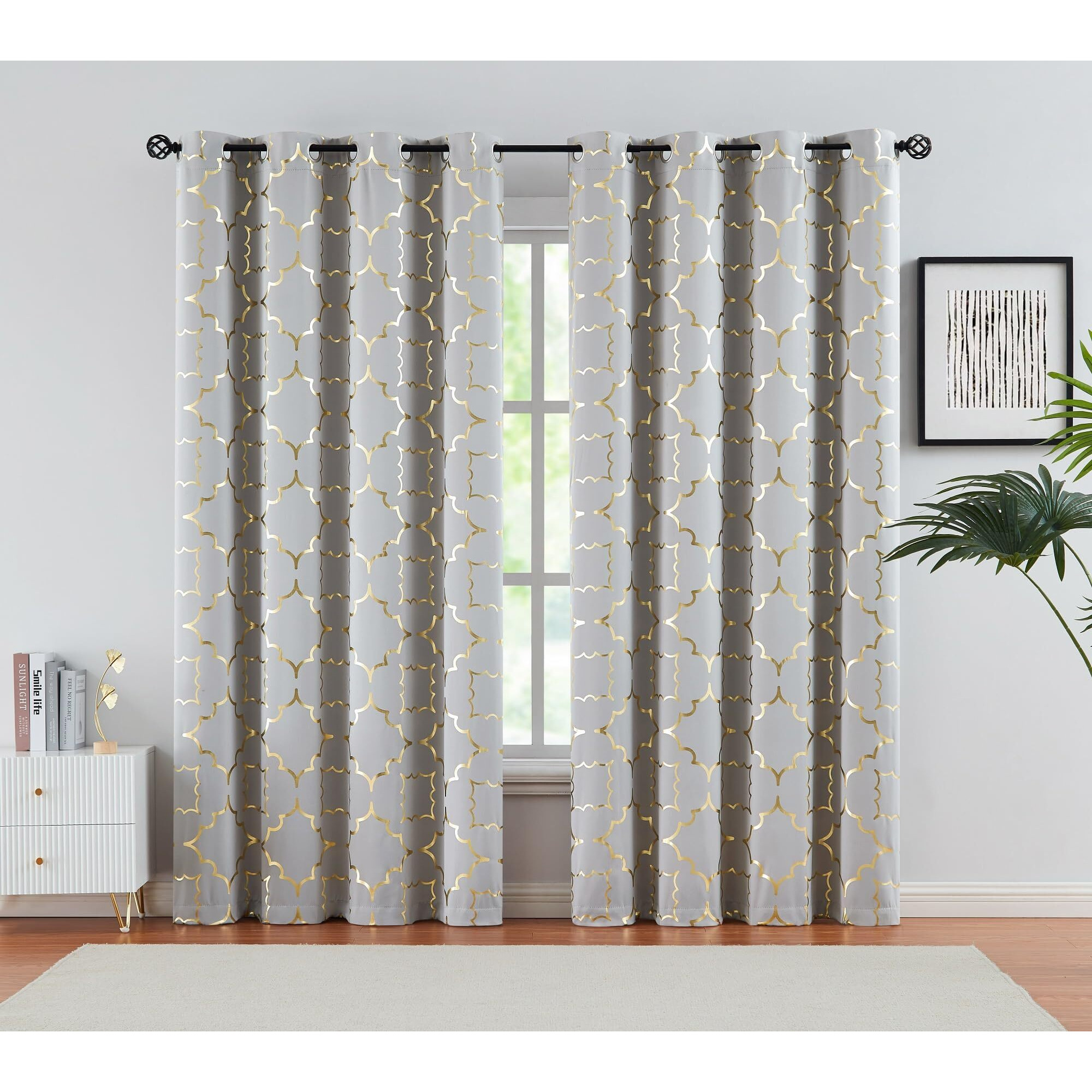 Foil Gold Blackout Window Curtains For Bedroom Living Room 95Inch Long Modern Metallic Print Thermal Insulated Drapes Privacy Protection Window Treatment Sets Grommet Top  2 Panels  Grey
