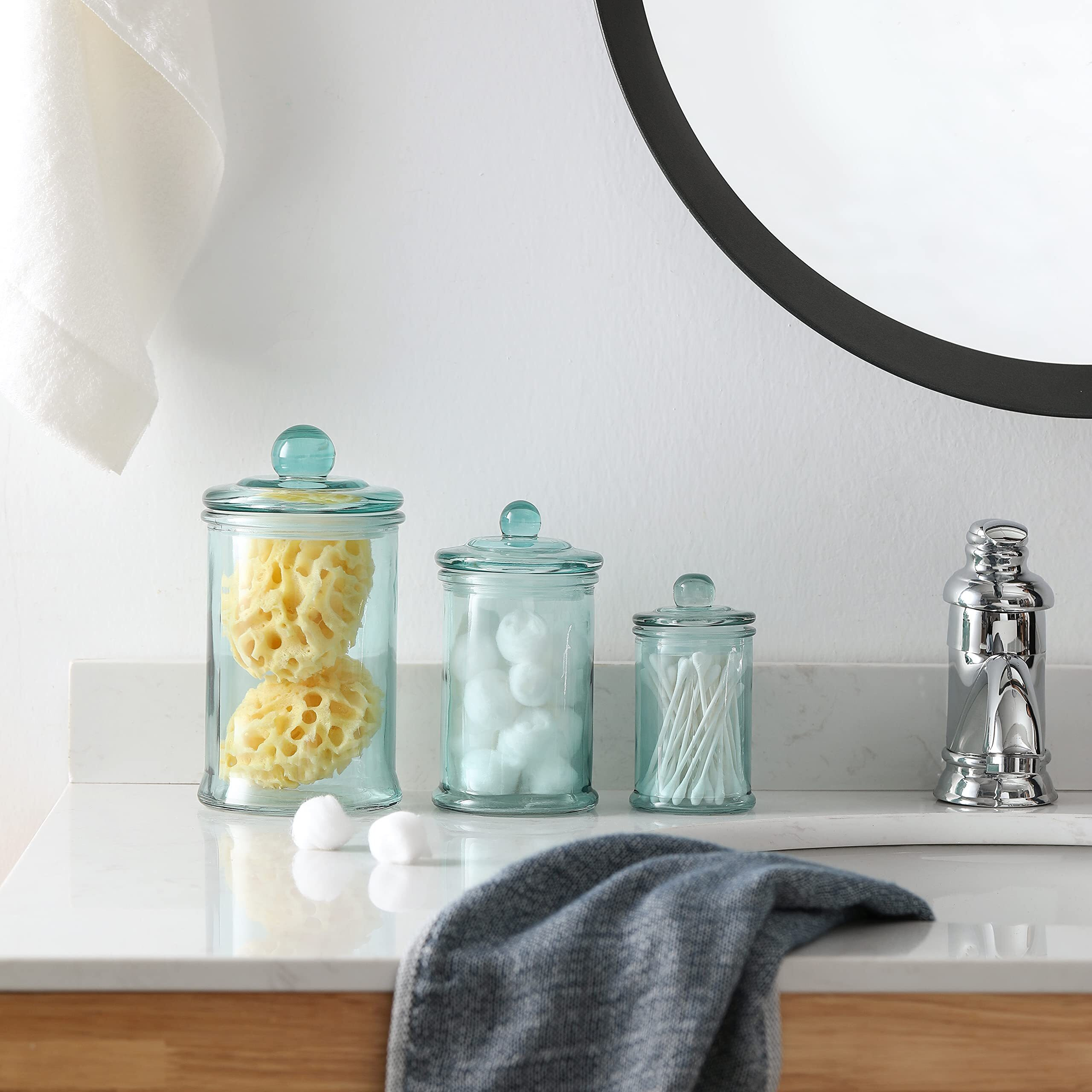 Motifeur Glass Apothecary Jar | Bathroom Storage Organizer Canister (Set Of 3  Blue)