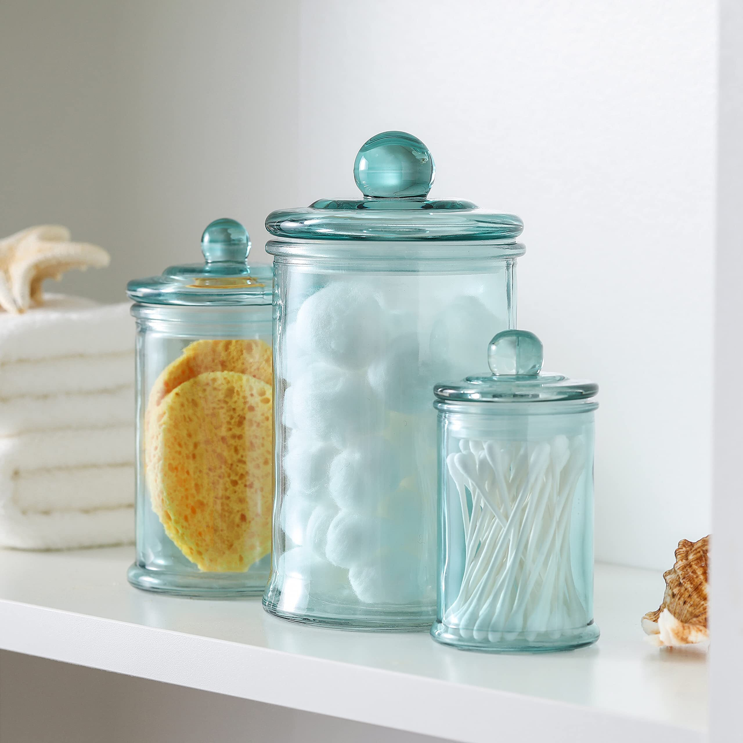 Motifeur Glass Apothecary Jar | Bathroom Storage Organizer Canister (Set Of 3  Blue)