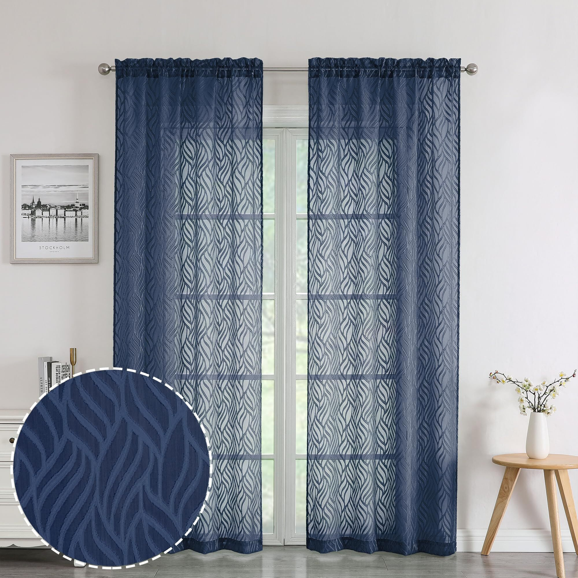 Chyhomenyc Marilyn Navy Blue Sheer Curtains 84 Inch Length 2 Panels  Light Filtering Breathable 3D Leaf Clip Jacquard Textured Curtain Drapes For Bedroom Living Room Window  38Wx84L Inches