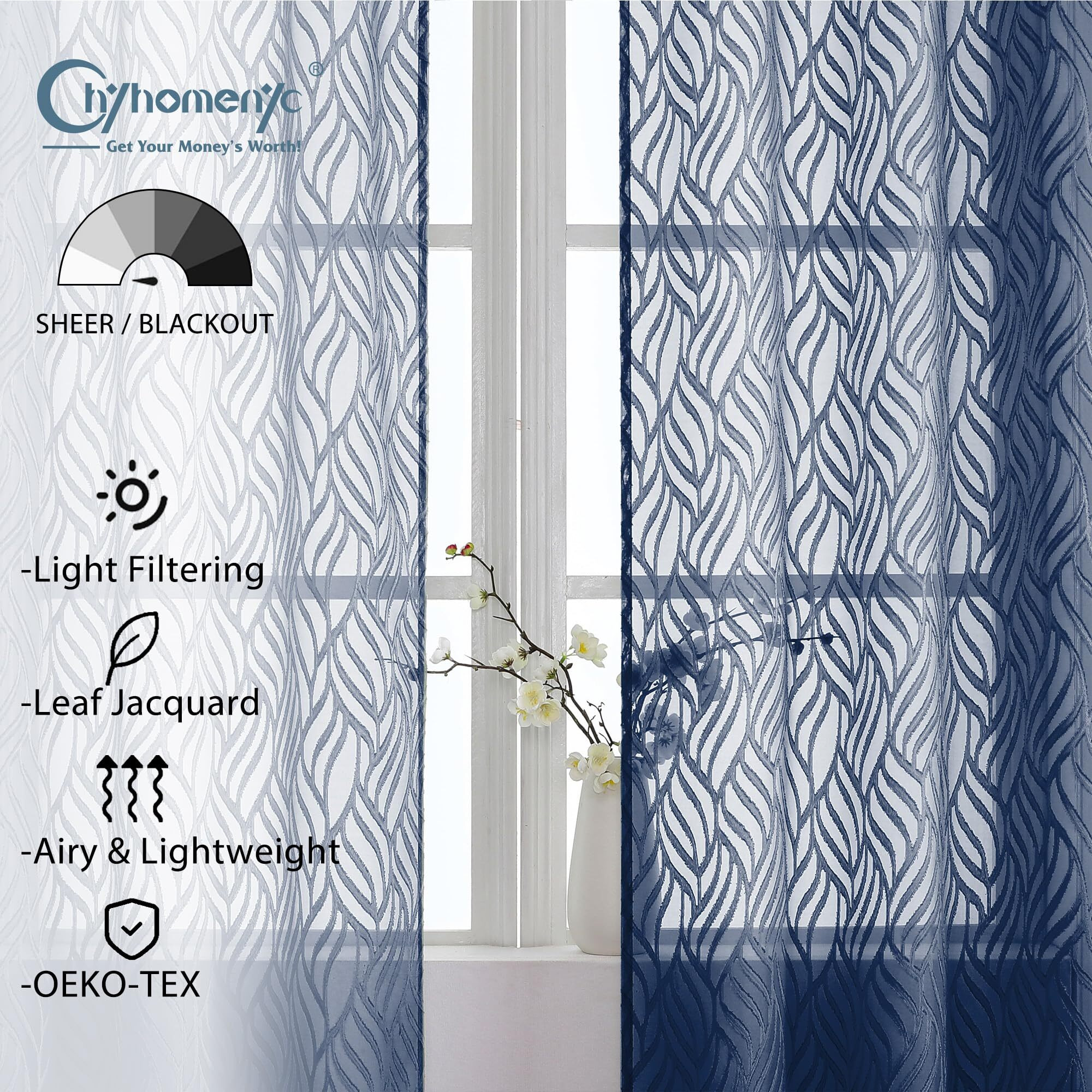 Chyhomenyc Marilyn Navy Blue Sheer Curtains 84 Inch Length 2 Panels  Light Filtering Breathable 3D Leaf Clip Jacquard Textured Curtain Drapes For Bedroom Living Room Window  38Wx84L Inches