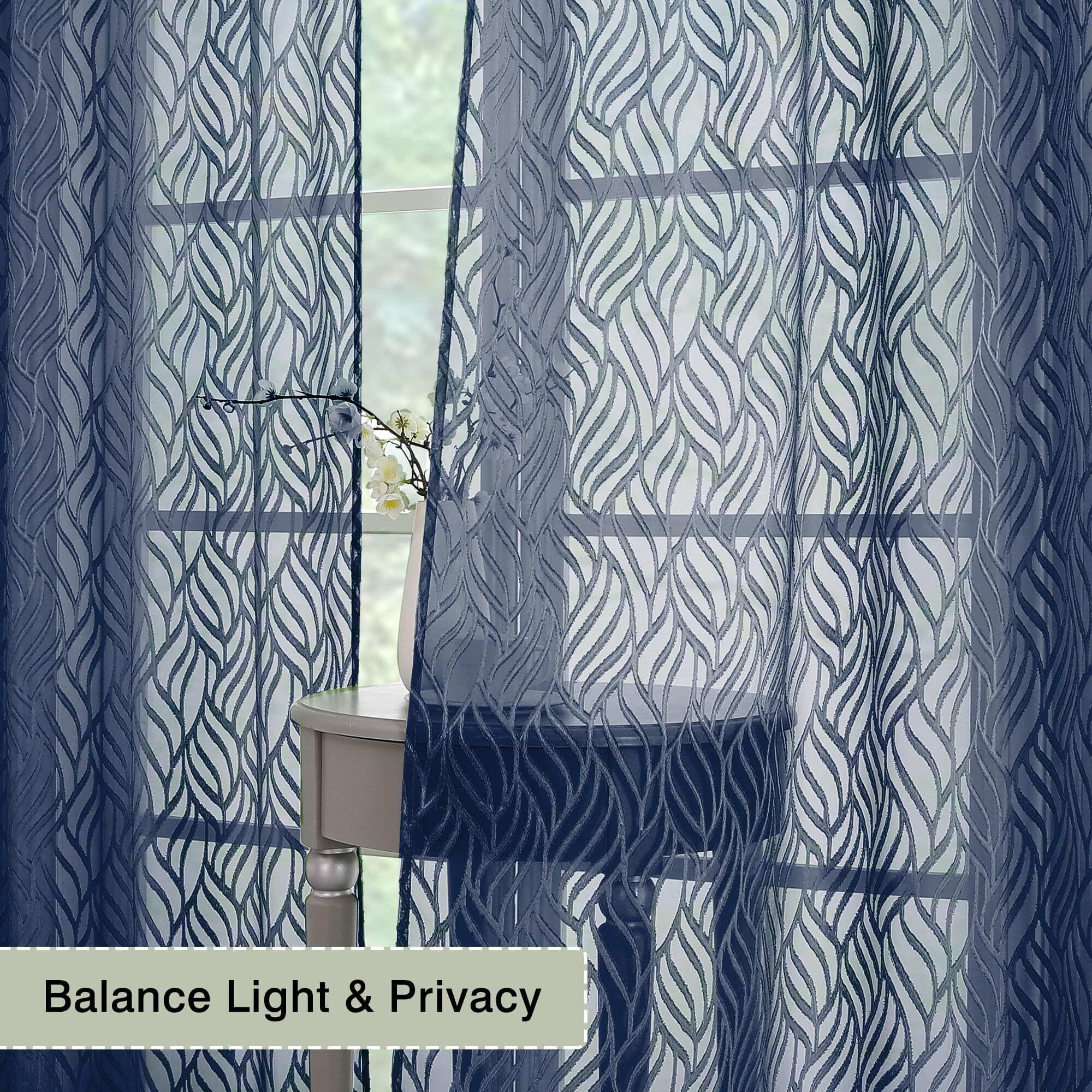 Chyhomenyc Marilyn Navy Blue Sheer Curtains 84 Inch Length 2 Panels  Light Filtering Breathable 3D Leaf Clip Jacquard Textured Curtain Drapes For Bedroom Living Room Window  38Wx84L Inches