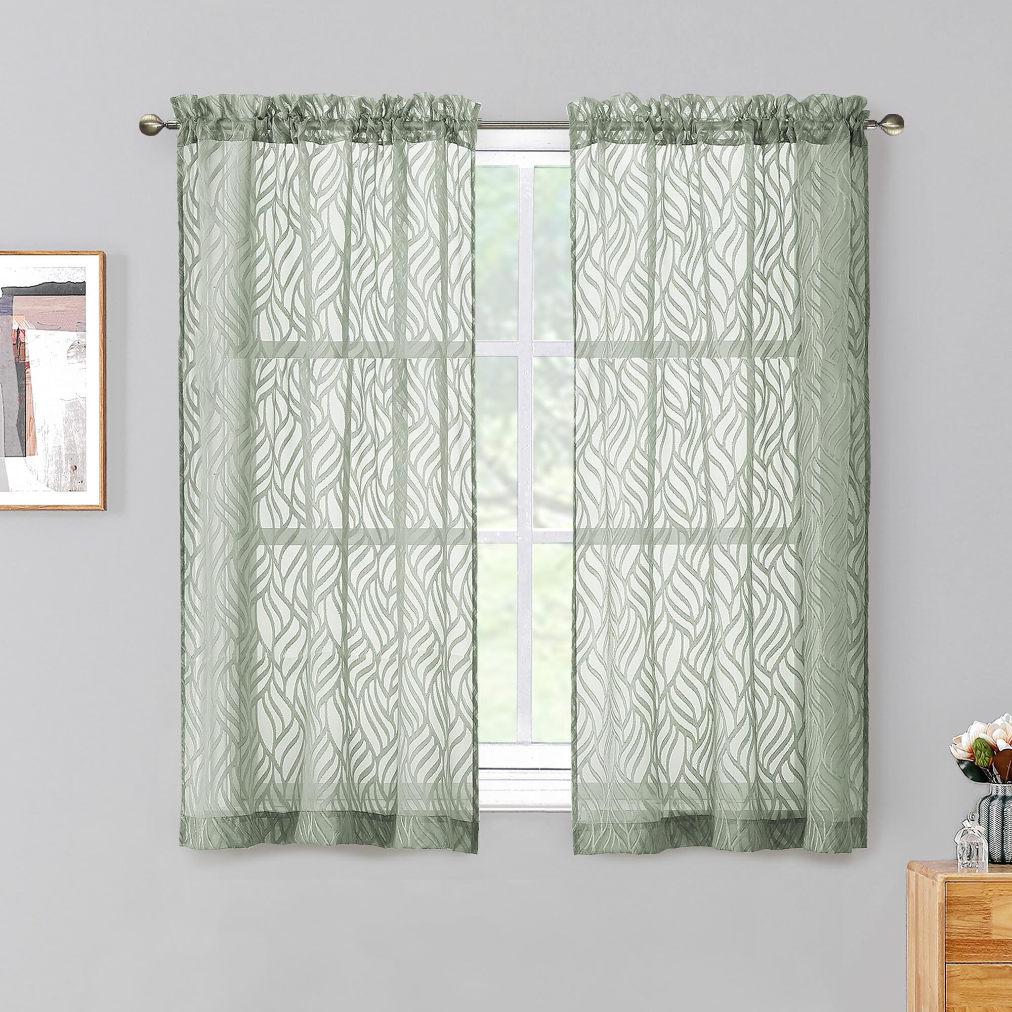 Chyhomenyc Marilyn Sage Green Sheer Curtains 54 Inch Length For Bedroom  Light Filtering 3D Leaf Clip Jacquard Textured Rod Pocket Short Sheer Curtains For Living Room Window  38Wx54L Inches  2 Panels