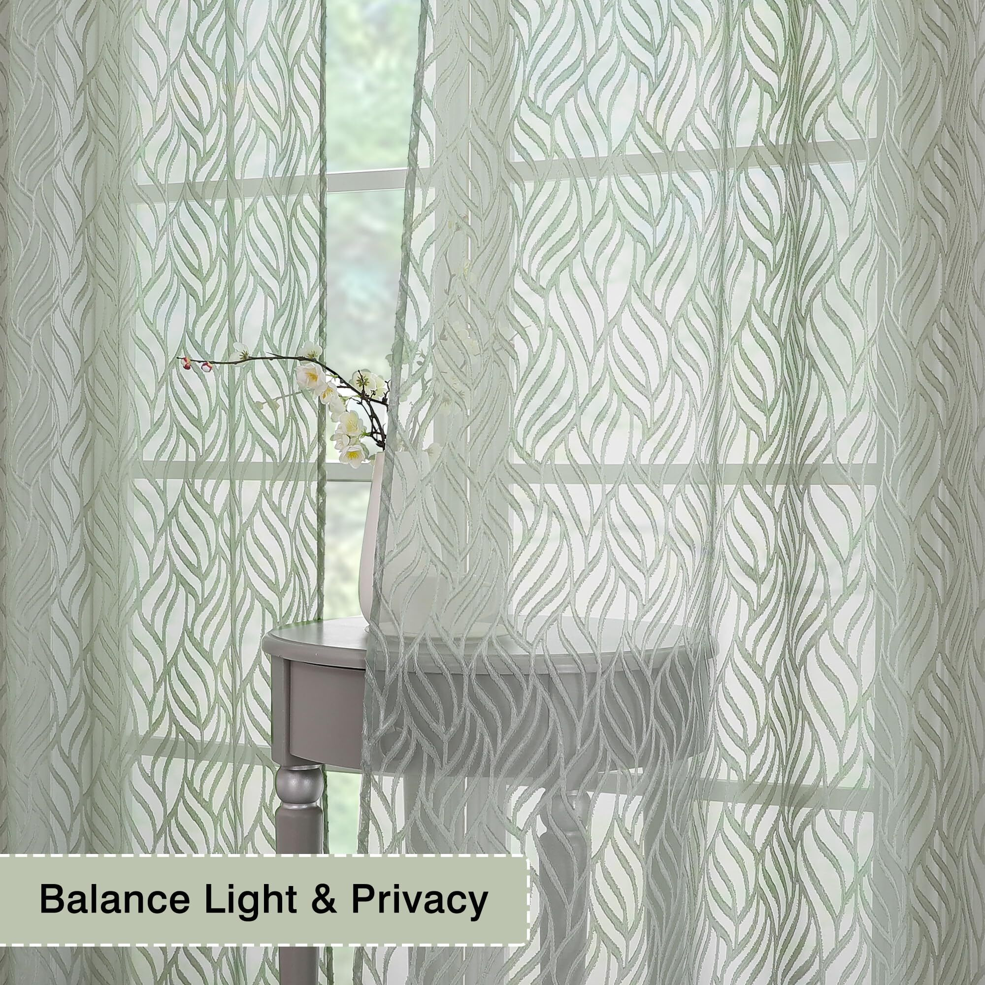 Chyhomenyc Marilyn Sage Green Sheer Curtains 54 Inch Length For Bedroom  Light Filtering 3D Leaf Clip Jacquard Textured Rod Pocket Short Sheer Curtains For Living Room Window  38Wx54L Inches  2 Panels