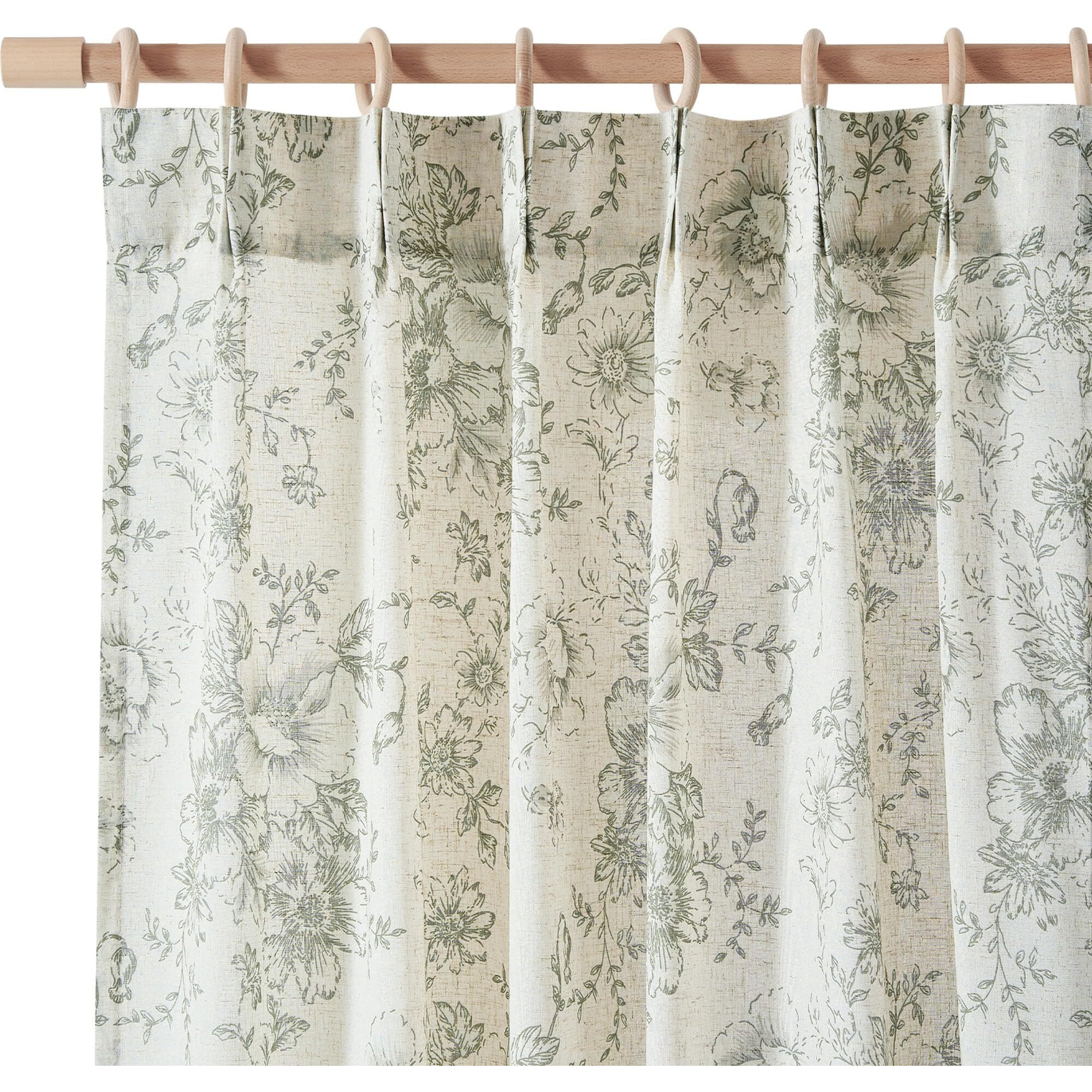 Jinchan Pinch Pleated Curtains Floral Linen Curtains For Living Room 108 Inches Long Green Peony Flower Printed Curtains Rod Pocket Back Tab Farmhouse Pinch Pleat Drapes With Hooks Set 2 Panels