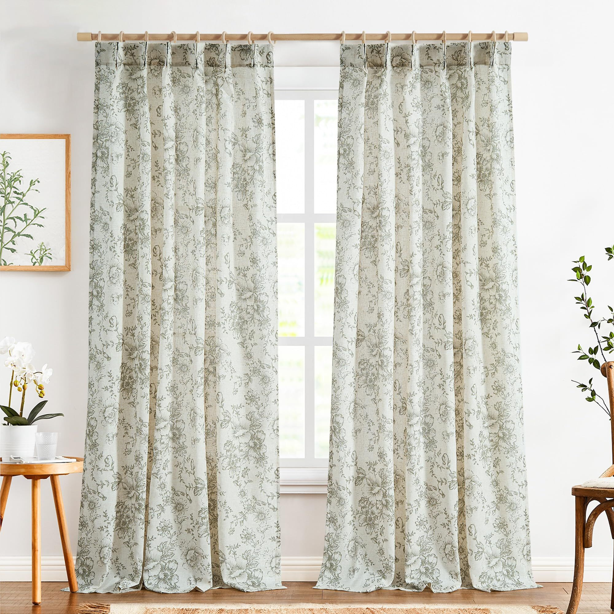 Jinchan Pinch Pleated Curtains Floral Linen Curtains For Living Room 108 Inches Long Green Peony Flower Printed Curtains Rod Pocket Back Tab Farmhouse Pinch Pleat Drapes With Hooks Set 2 Panels