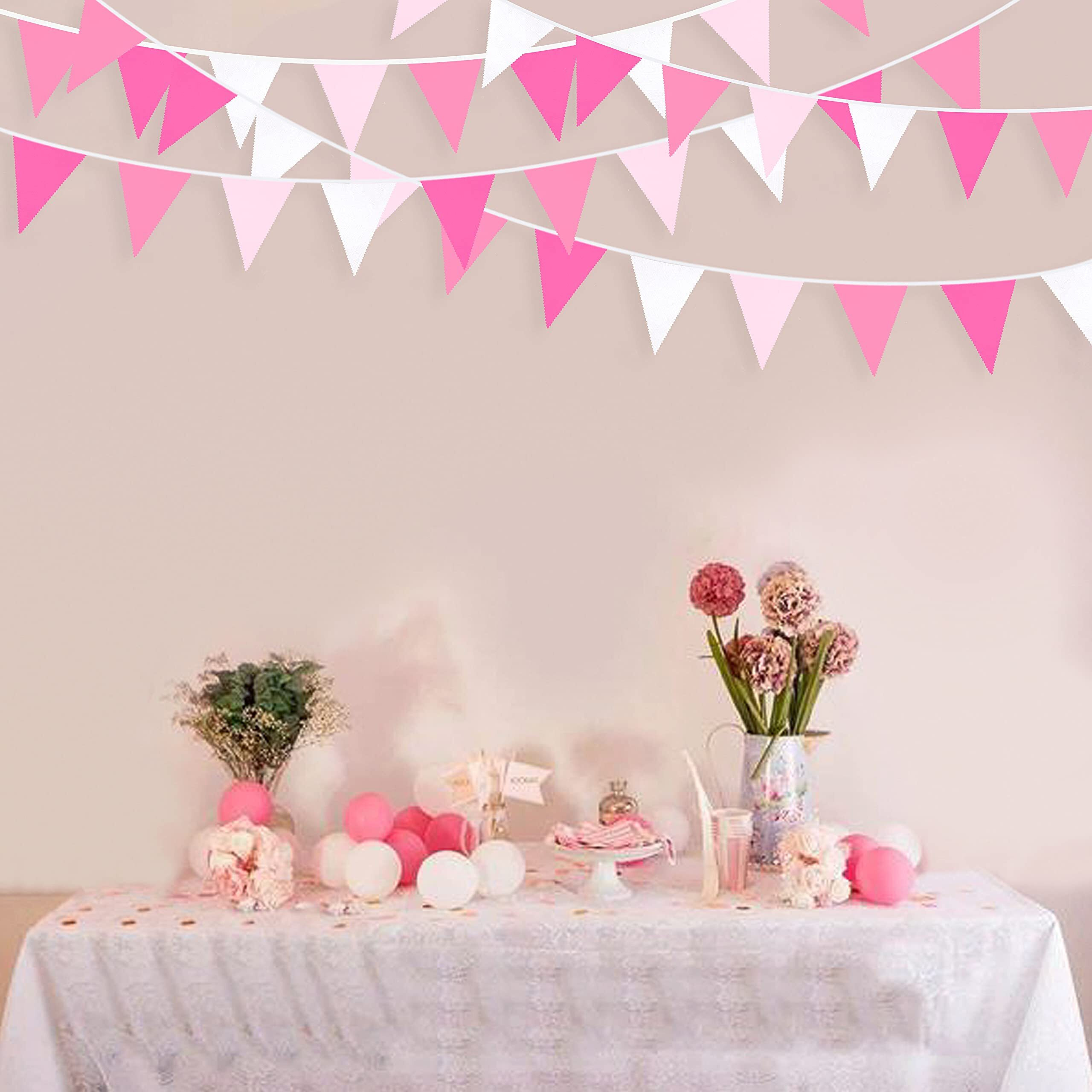32Ft Rose Hot Pink Pennant Banner Fabric Triangle Flag Cotton Bunting Garland Kit For Wedding Birthday Baby Shower Anniversary Party Home Nursery Outdoor Garden Hanging Festivals Decoration (36Pcs)