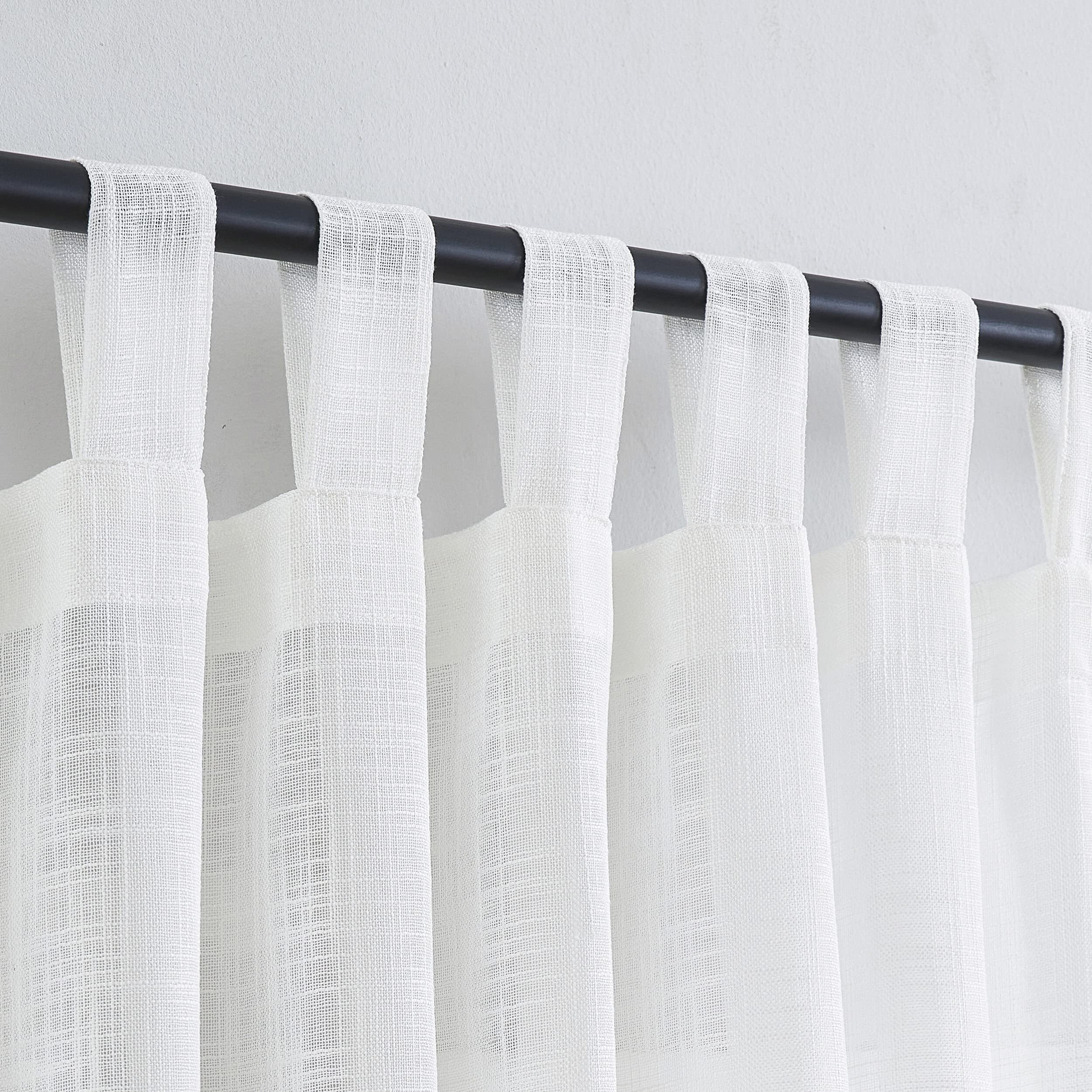 Voilybird Linen Semi Sheer Curtains Tab Top Light Filtering Elegant Short Curtains & Drapes For Bedroom 52 X 63 Inches Long  2 Panels  Off White