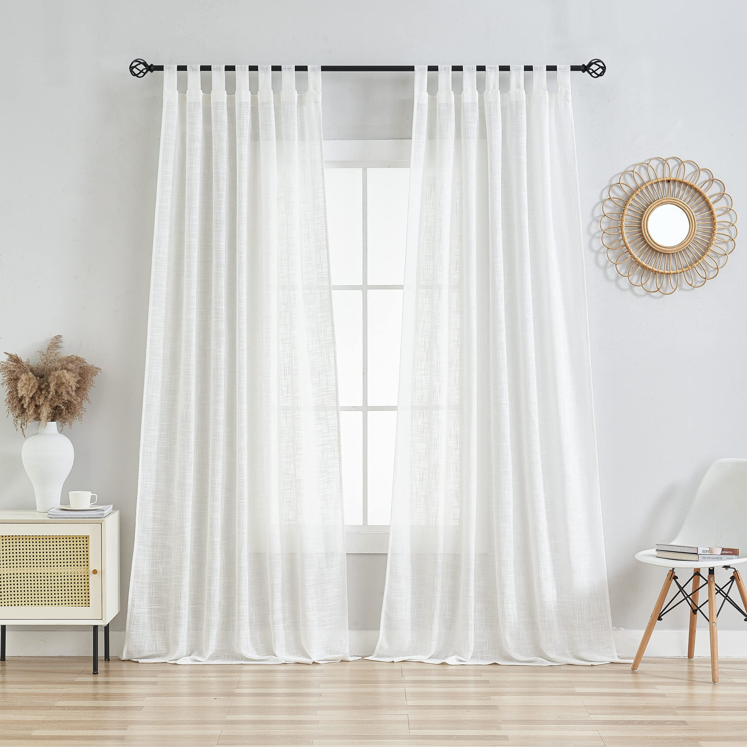 Voilybird Linen Semi Sheer Curtains Tab Top Light Filtering Elegant Short Curtains & Drapes For Bedroom 52 X 63 Inches Long  2 Panels  Off White