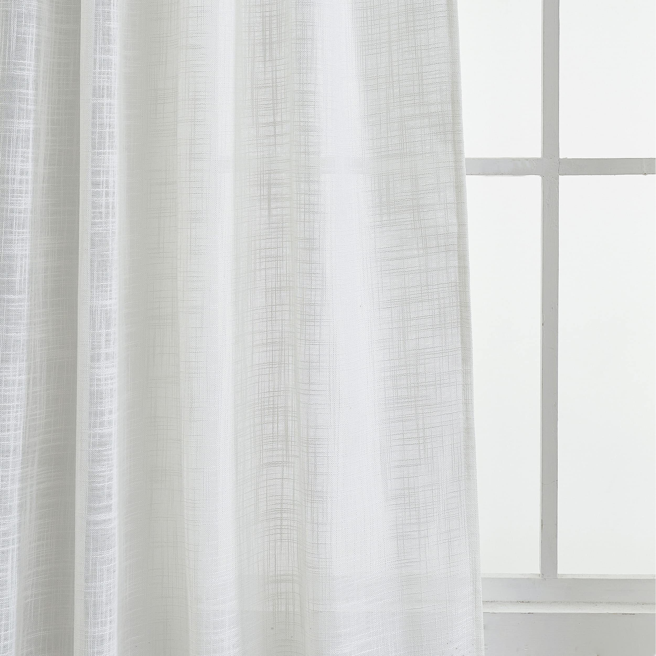 Voilybird Linen Semi Sheer Curtains Tab Top Light Filtering Elegant Short Curtains & Drapes For Bedroom 52 X 63 Inches Long  2 Panels  Off White