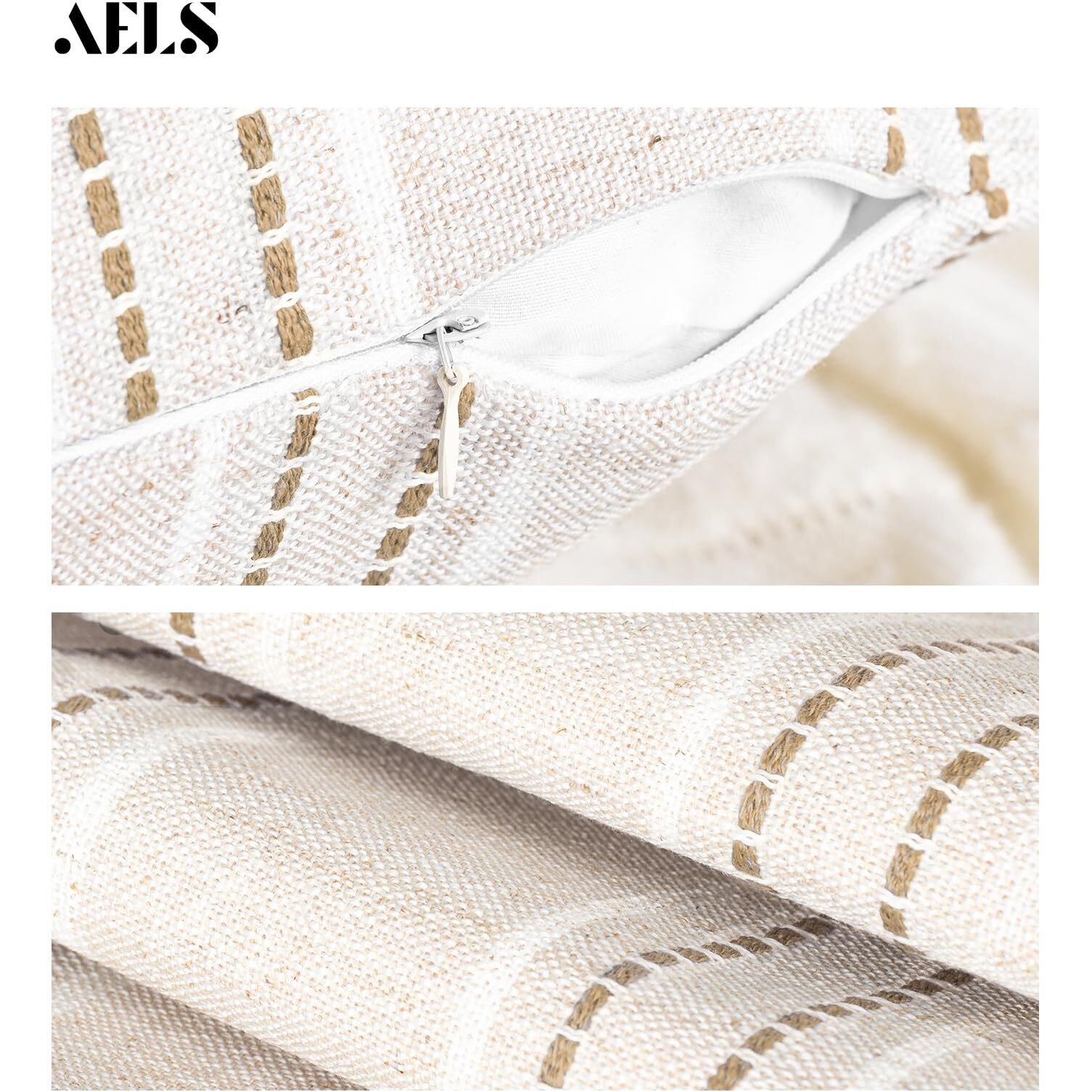Aels 12X20 Decorative Farmhouse Linen Throw Pillow Covers  Boho Textured Pillow Case  Set Of 2  Beige With White & Brown Stitch Yarn Dyed Stripe Cushion Cover For Sofa Couch Living Room (Cover Only)