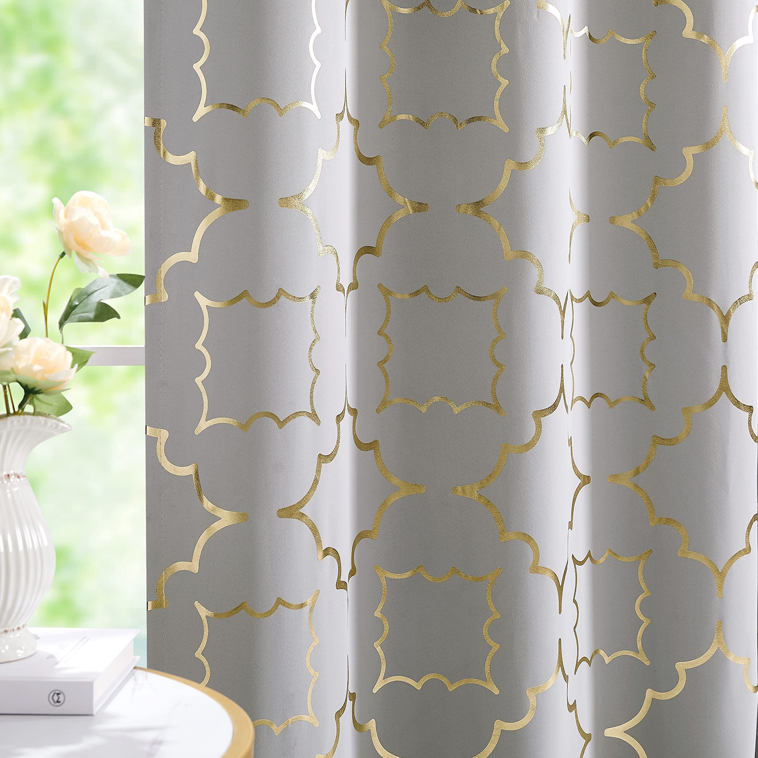 Blackout Window Curtain For Bedroom Living Room Moroccan Foil Metallic Print Curtains Room Darkening Energy Saving Grommet 95% Blackout Drapes For Patio Hall Studio  2 Panels  52"" Wx63 L  Grey/Gold