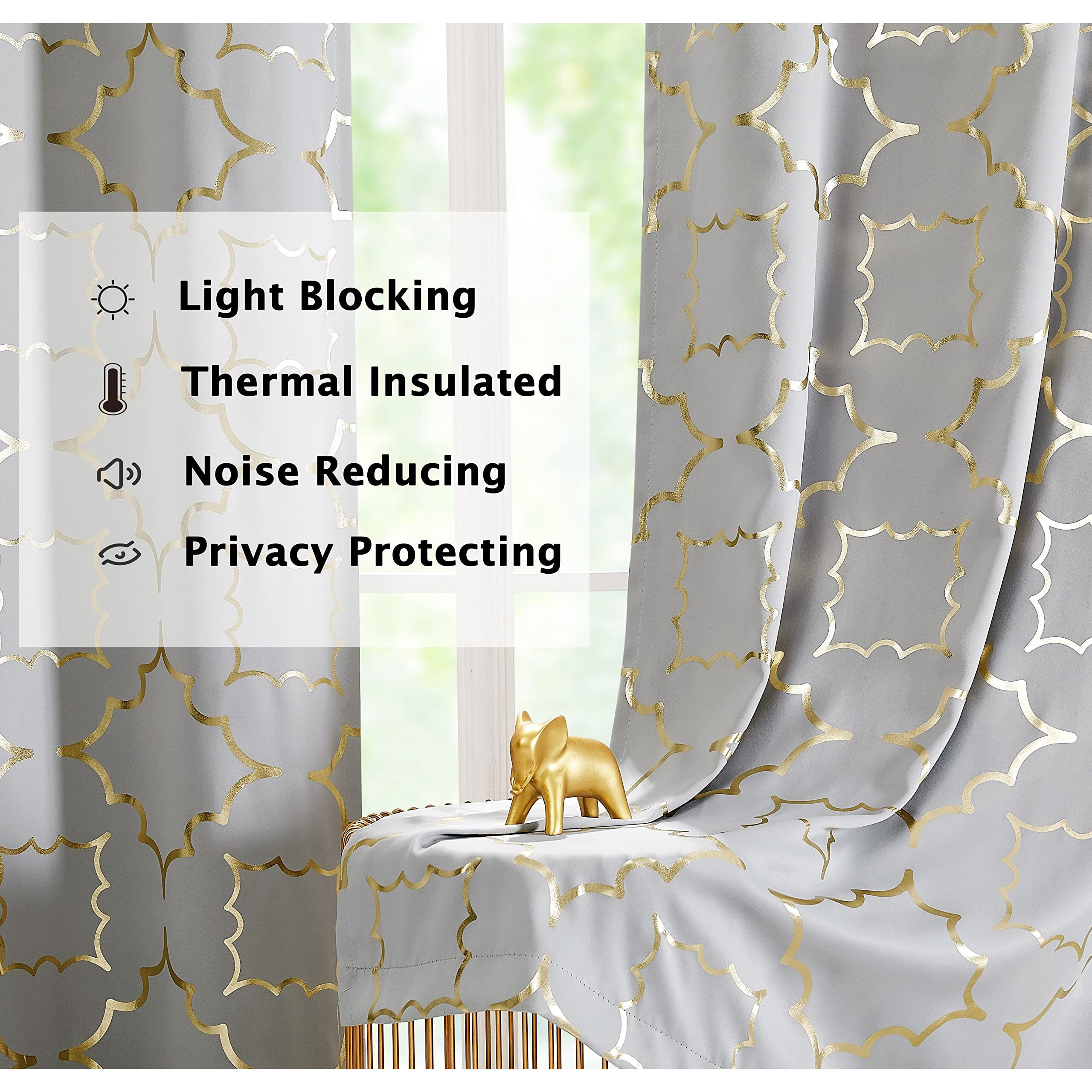 Blackout Window Curtain For Bedroom Living Room Moroccan Foil Metallic Print Curtains Room Darkening Energy Saving Grommet 95% Blackout Drapes For Patio Hall Studio  2 Panels  52"" Wx63 L  Grey/Gold