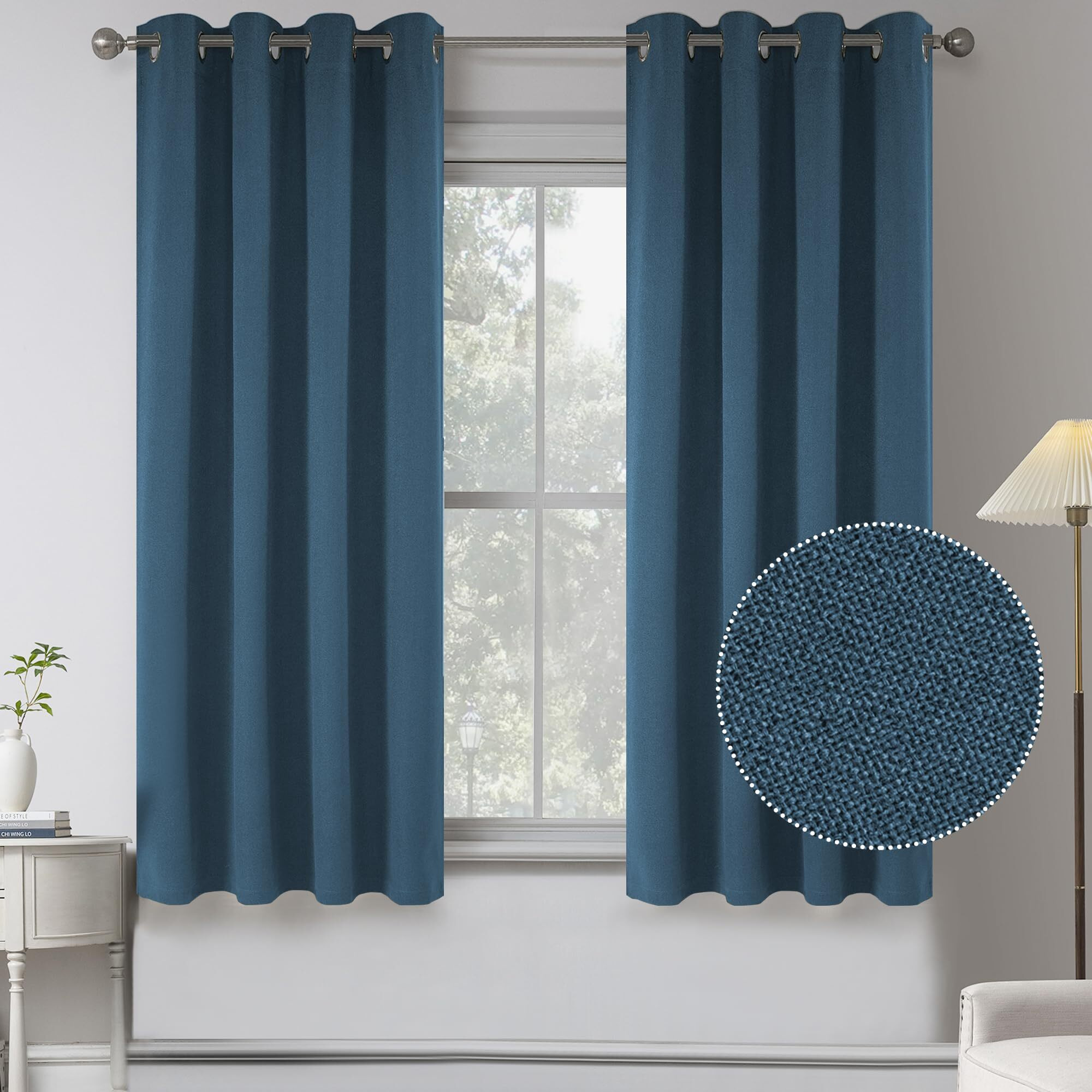 Faux Linen Texture Short Blackout Curtains For Kitchen -2 Panels 100% Blackout Thermal Insulated Entryway Cottage Decor Solid Grommet Window Curtains For Bathroom (W 52 X L 45 Inch Long Denim Blue)