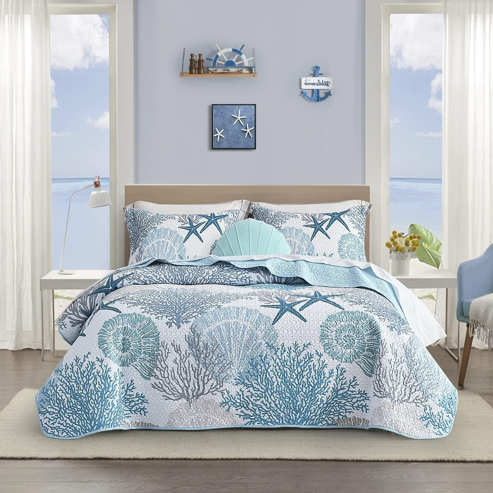 Tritard 3 Piece Coastal Quilt Sets King Size - Reversible Microfiber Quilts With 2 Shams Soft Lightweight Beach Bedding Nautical Bedspread Coverlet Summer Comforter Set For All Season  106''X96''