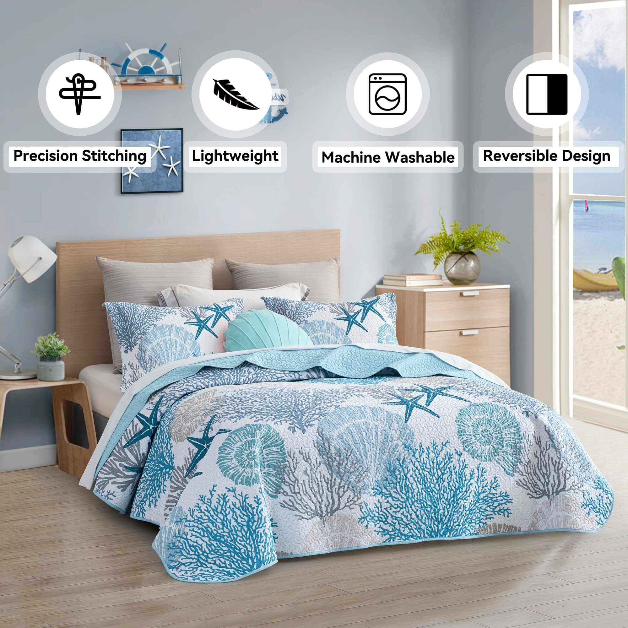 Tritard 3 Piece Coastal Quilt Sets King Size - Reversible Microfiber Quilts With 2 Shams Soft Lightweight Beach Bedding Nautical Bedspread Coverlet Summer Comforter Set For All Season  106''X96''