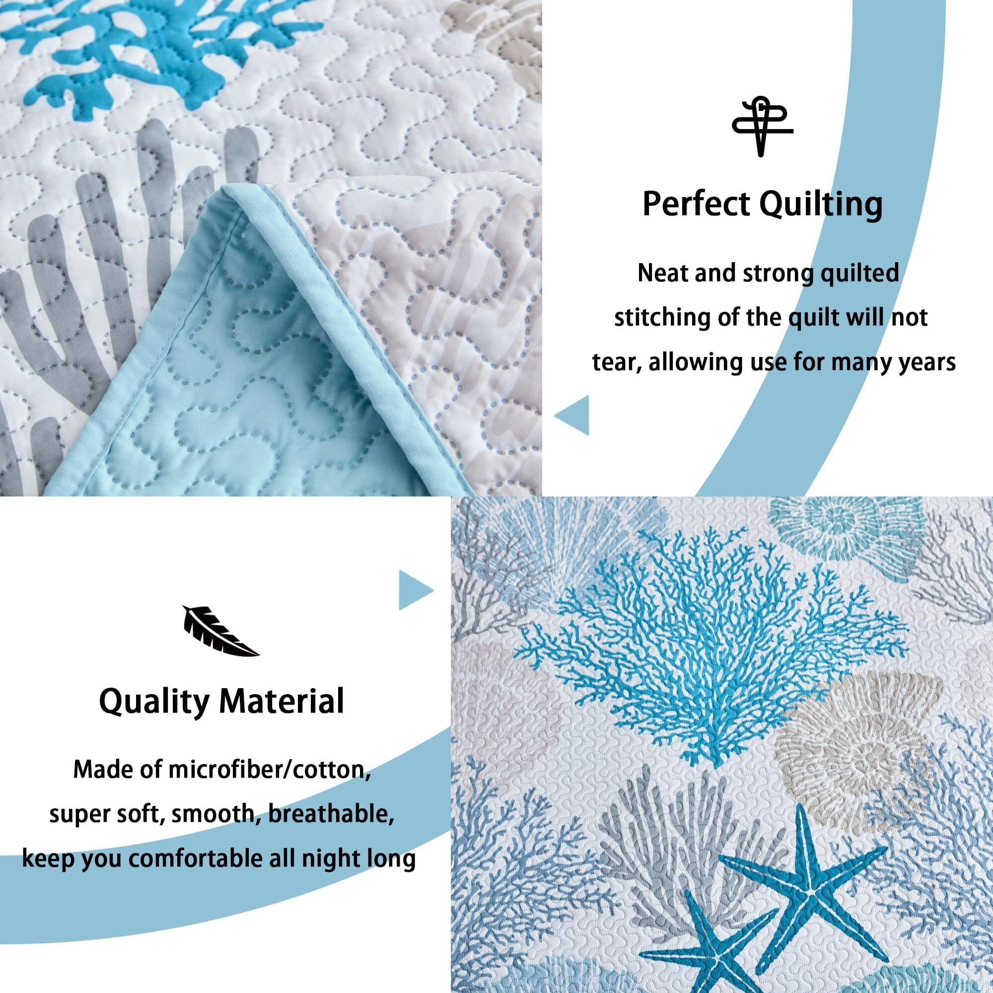 Tritard 3 Piece Coastal Quilt Sets King Size - Reversible Microfiber Quilts With 2 Shams Soft Lightweight Beach Bedding Nautical Bedspread Coverlet Summer Comforter Set For All Season  106''X96''