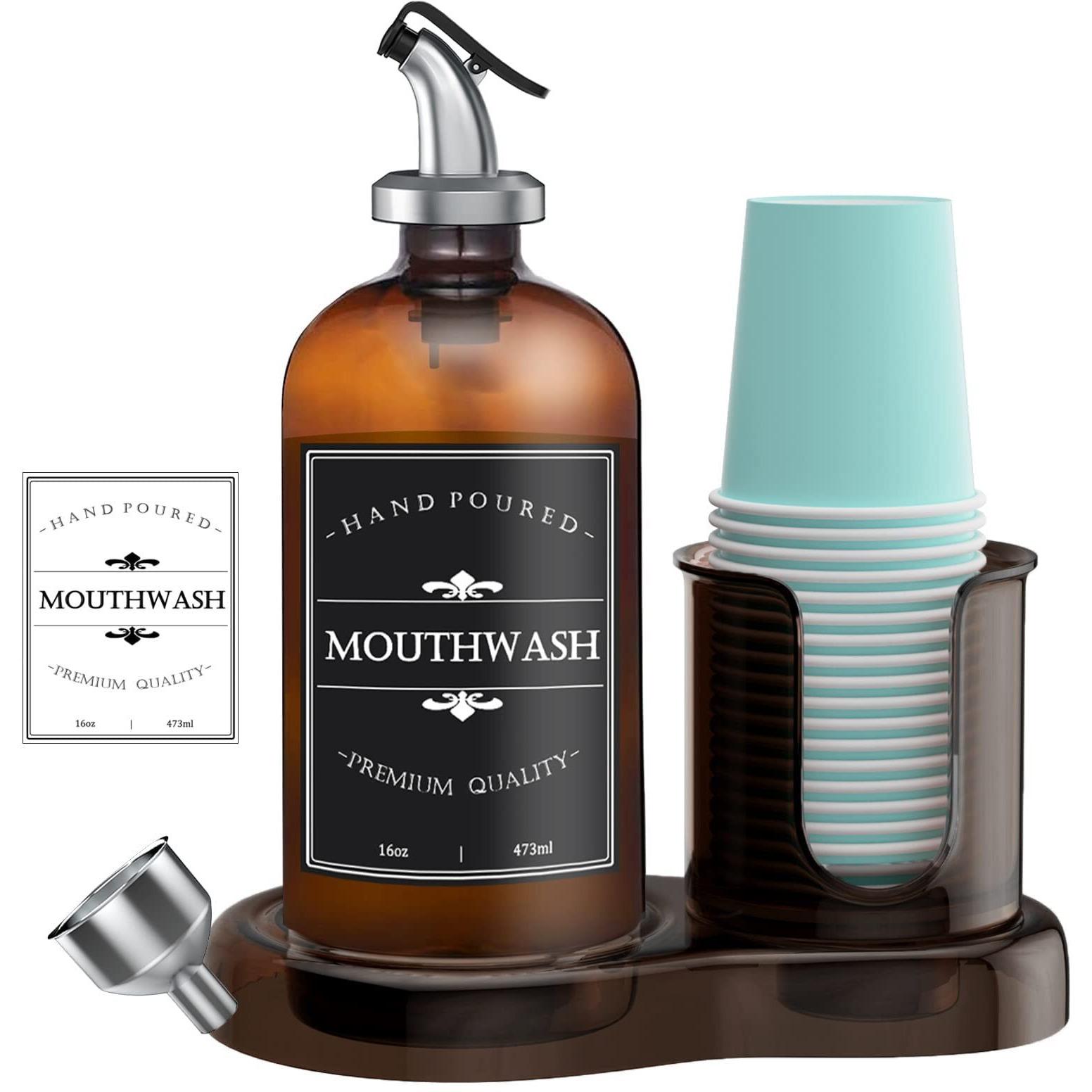 Amber Glass Mouthwash Dispenser With Cup Holder For Bathroom  16Oz Refillable Mouthwash Bottles Container With Tray  Funnel And 2 Waterproof Labels