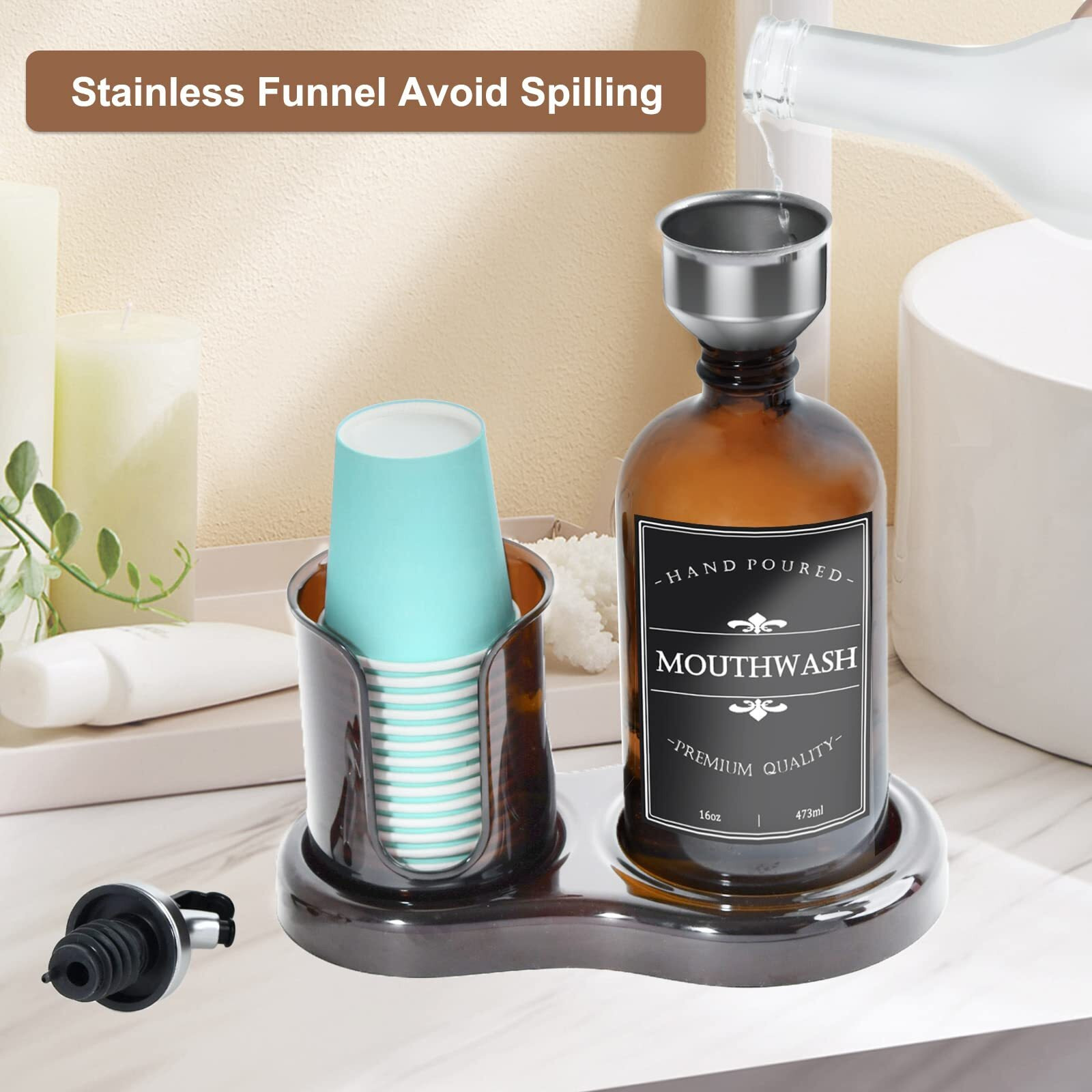 Amber Glass Mouthwash Dispenser With Cup Holder For Bathroom  16Oz Refillable Mouthwash Bottles Container With Tray  Funnel And 2 Waterproof Labels