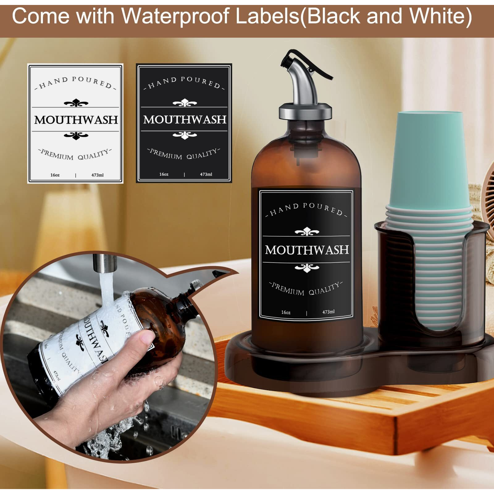 Amber Glass Mouthwash Dispenser With Cup Holder For Bathroom  16Oz Refillable Mouthwash Bottles Container With Tray  Funnel And 2 Waterproof Labels