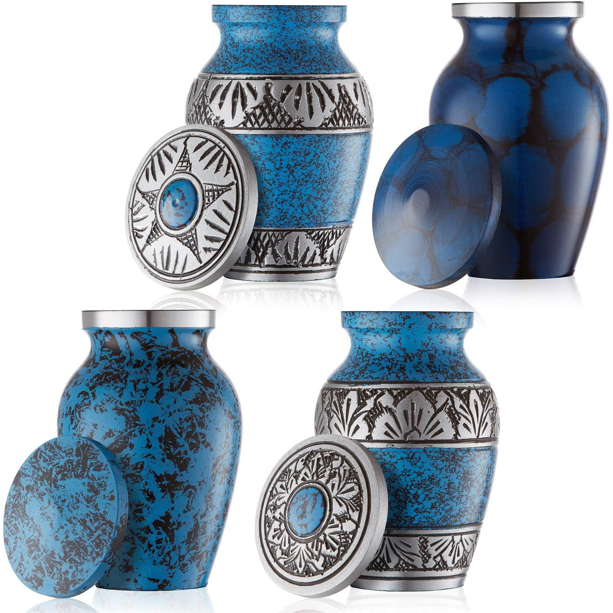 Reminded Small Cremation Urns For Human Ashes  Mini Keepsake Set Of 4 Blue And Silver With Velvet Case