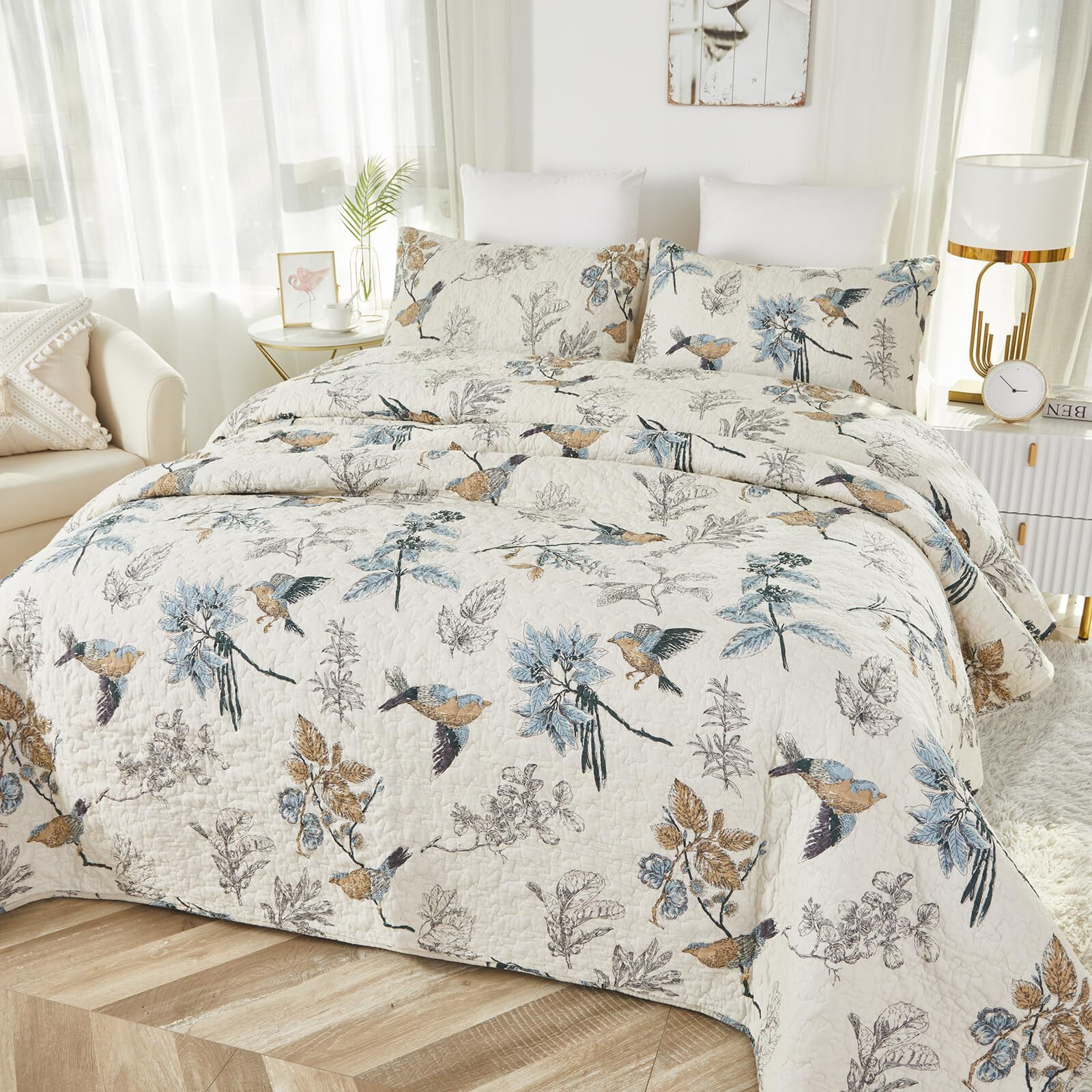 Brandream Bird Bedding King American Country Style Comforter Set King Size 100% Cotton Quilt Set Reversible