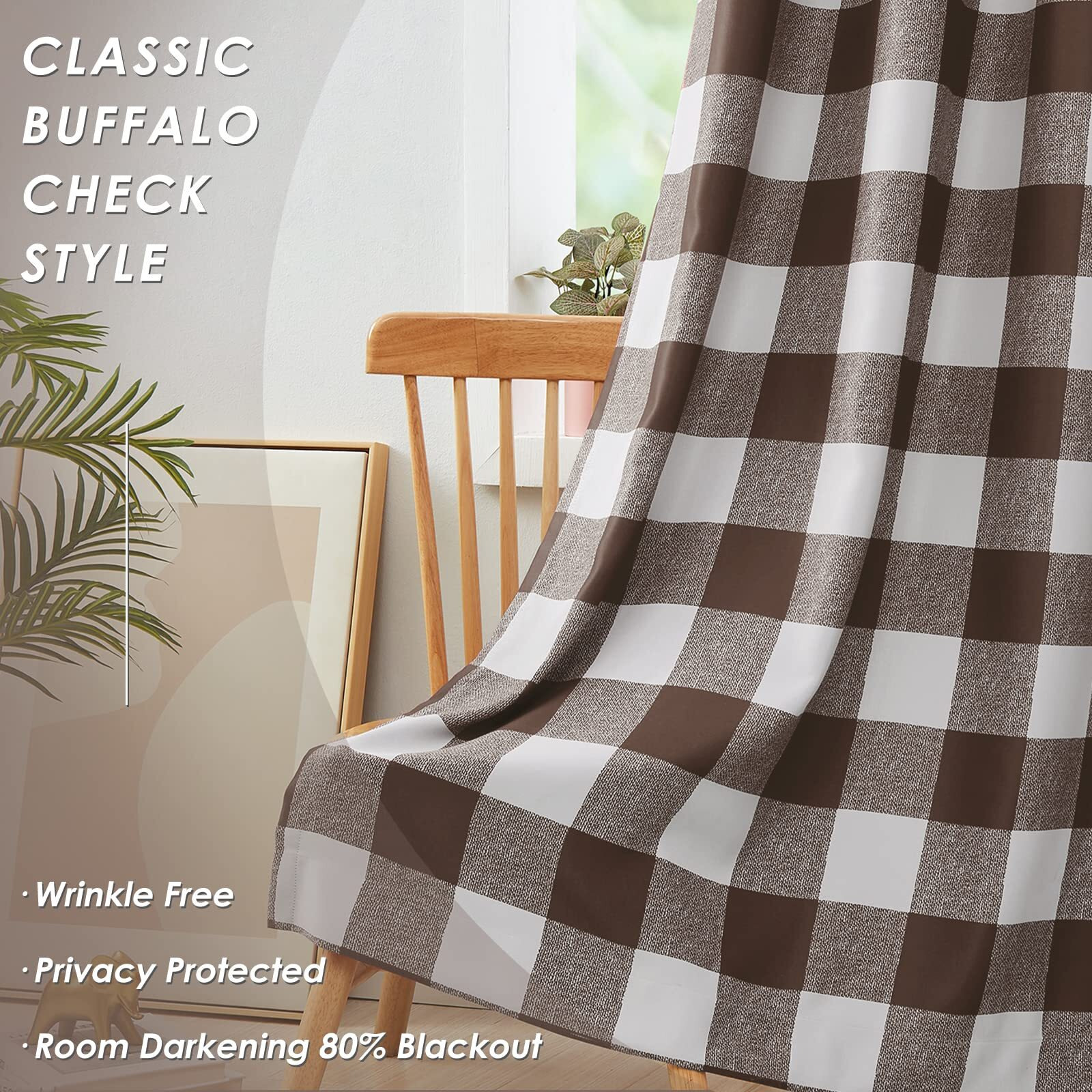 Melodieux Buffalo Check Plaid Blackout Curtains 96 Inches Long For Living Room  Bedroom Thermal Insulated Room Darkening Grommet Drapes  Brown  50 X 96 Inch  2 Panels