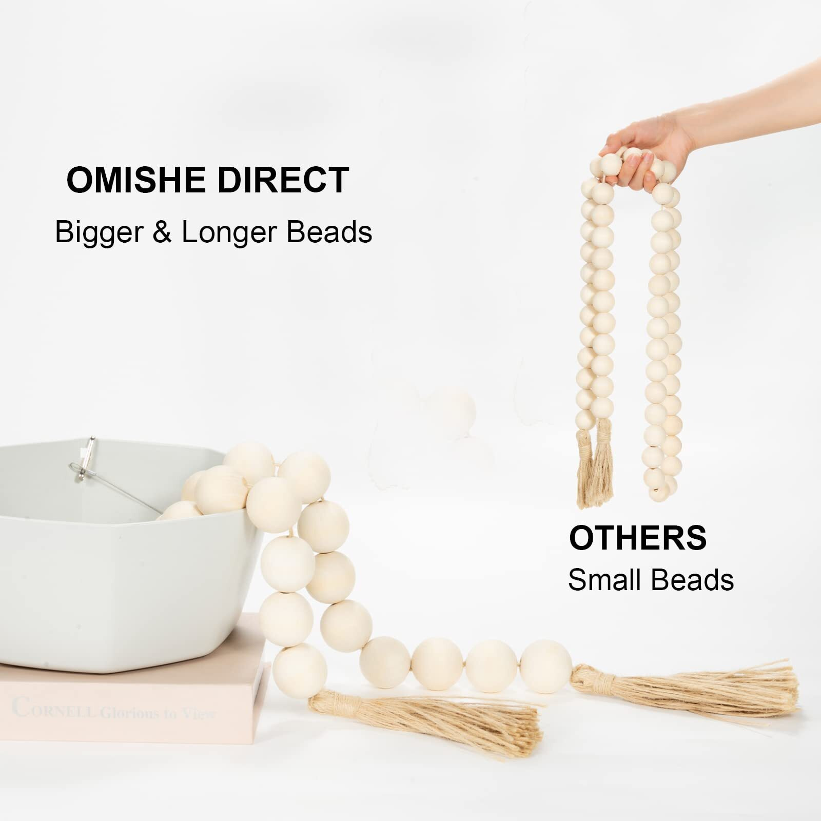 Omishe 50&quot&quot Long Large Wood Bead Garland With 1.6&quot&quot Diameter Wooden Beads And Tassels  Rustic Farmhouse Country Wood Beads Garland For Home Tiered Tray Decor  Decorative Beads With Tassels Natural Beige