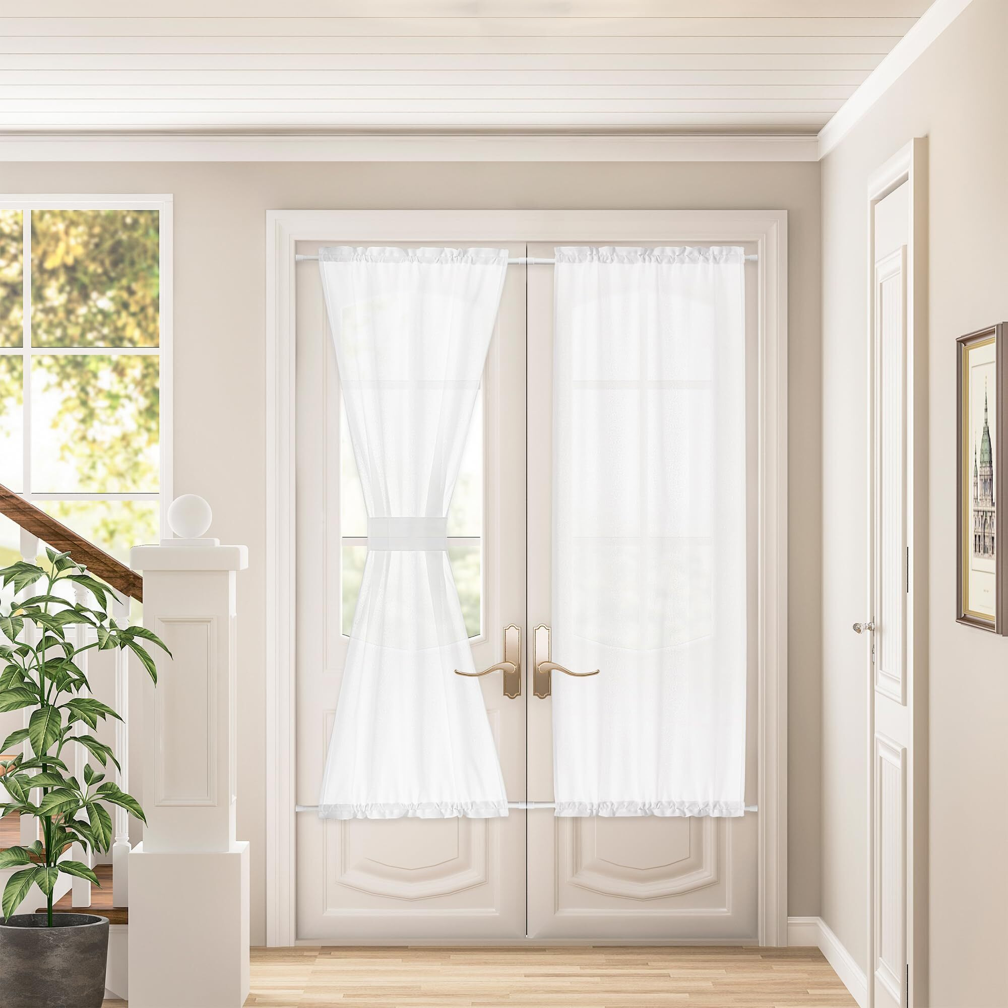 Dukiyo French Sheer Door Curtains Wrinkle Free  Chic Semi Transparent Linen Drapes 2 Panels Rod Pocket White Door Curtains Light Through W50 X L72 For Bedroom Kitchen Room Door