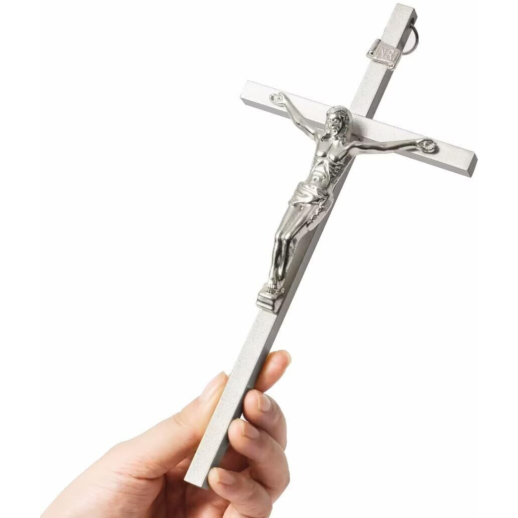 Vineten Crucifix Wall Cross | Silver Metal Slender Catholic Crosses | Cross Wall DCor For Your Home - 8 Inch