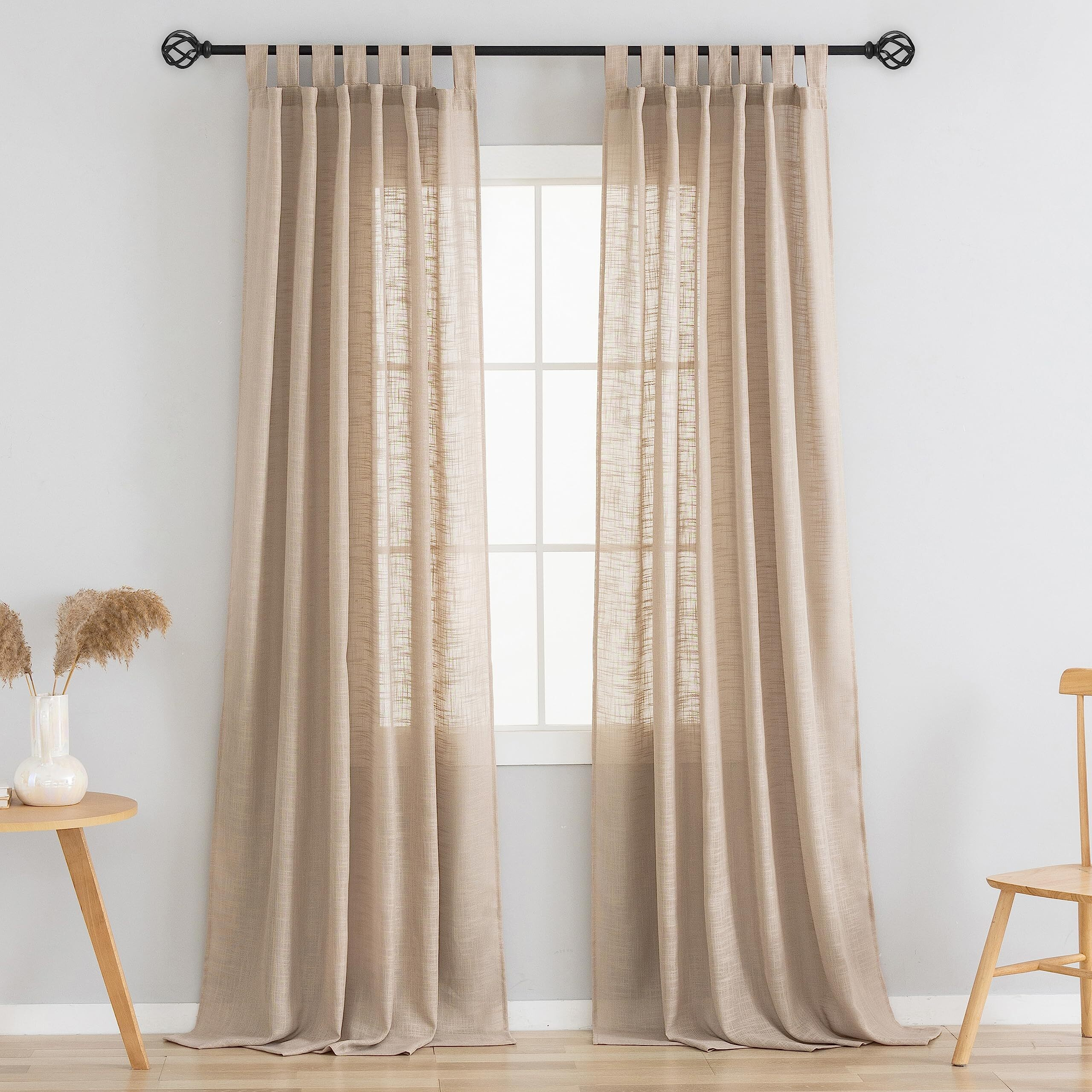 Voilybird Linen Semi Sheer Curtains Tab Top Light Filtering Elegant Curtains & Drapes For Living Room (Tan  W52 X L84  2 Panels)
