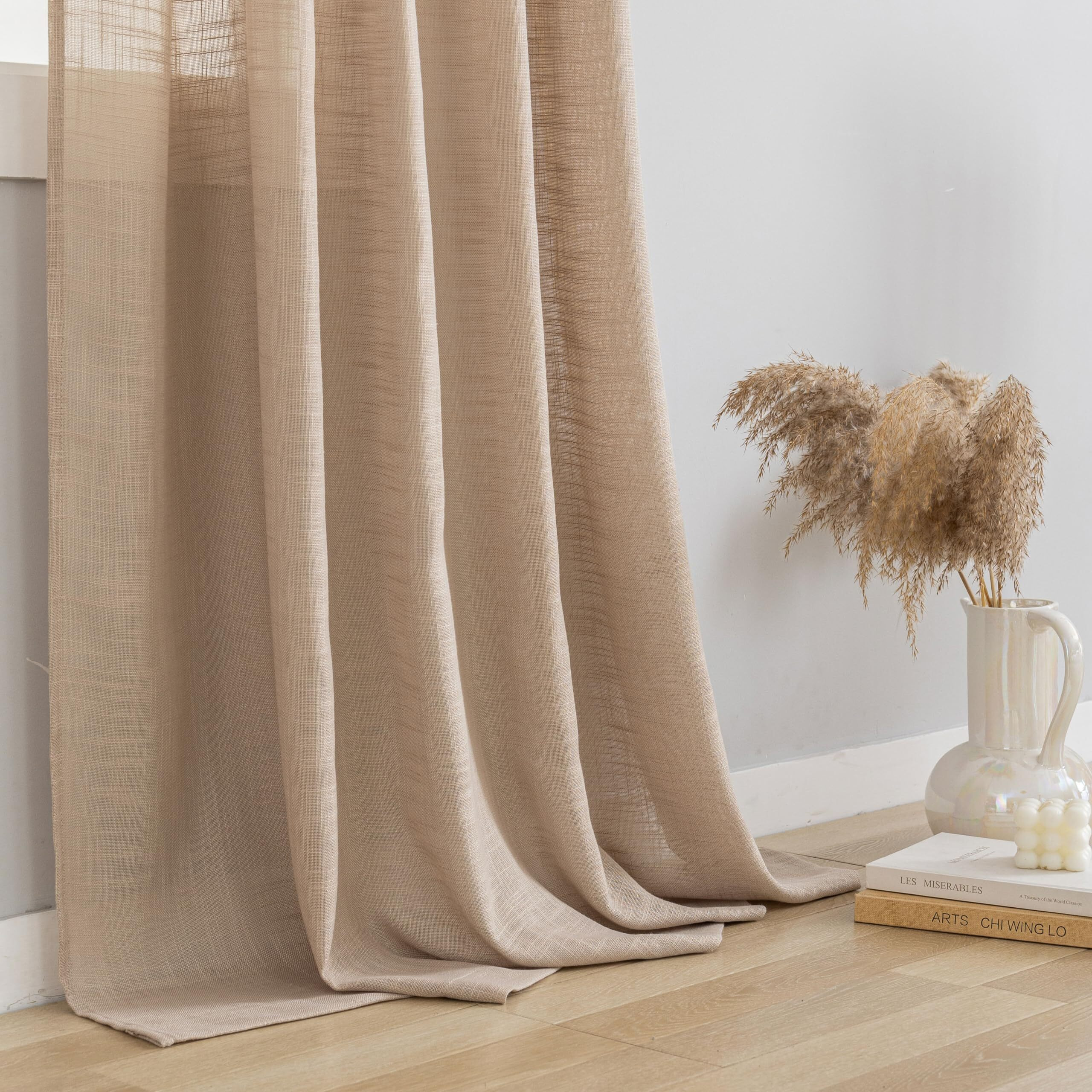 Voilybird Linen Semi Sheer Curtains Tab Top Light Filtering Elegant Curtains & Drapes For Living Room (Tan  W52 X L84  2 Panels)