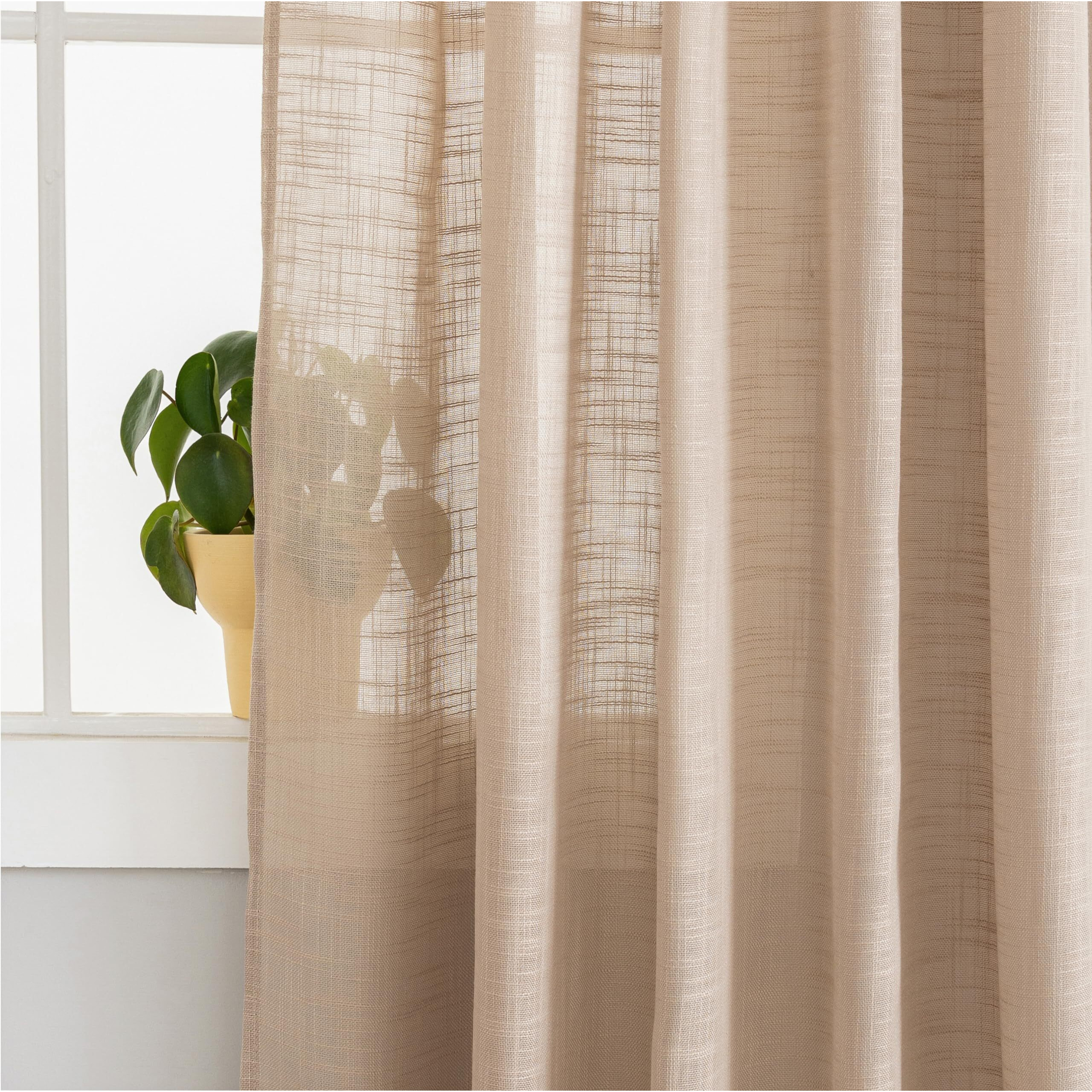 Voilybird Linen Semi Sheer Curtains Tab Top Light Filtering Elegant Curtains & Drapes For Living Room (Tan  W52 X L84  2 Panels)