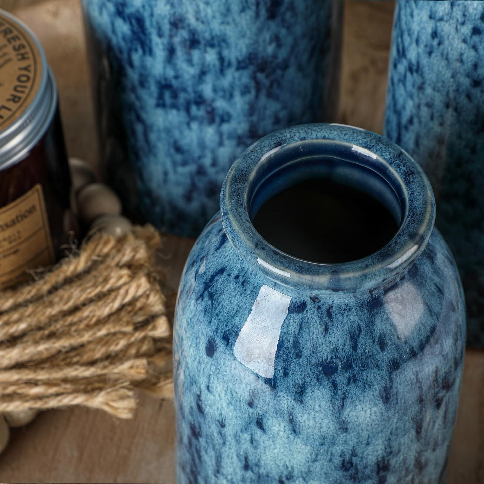 Cwlwgo-Blue Ceramic Vases Set  Blue Vases  Farmhouse Country Blue Vases For Home Decor  Vases For Your Kitchen Living Room Table Decoration  Shelf Centerpiece Decor  And Entrance Decoration.