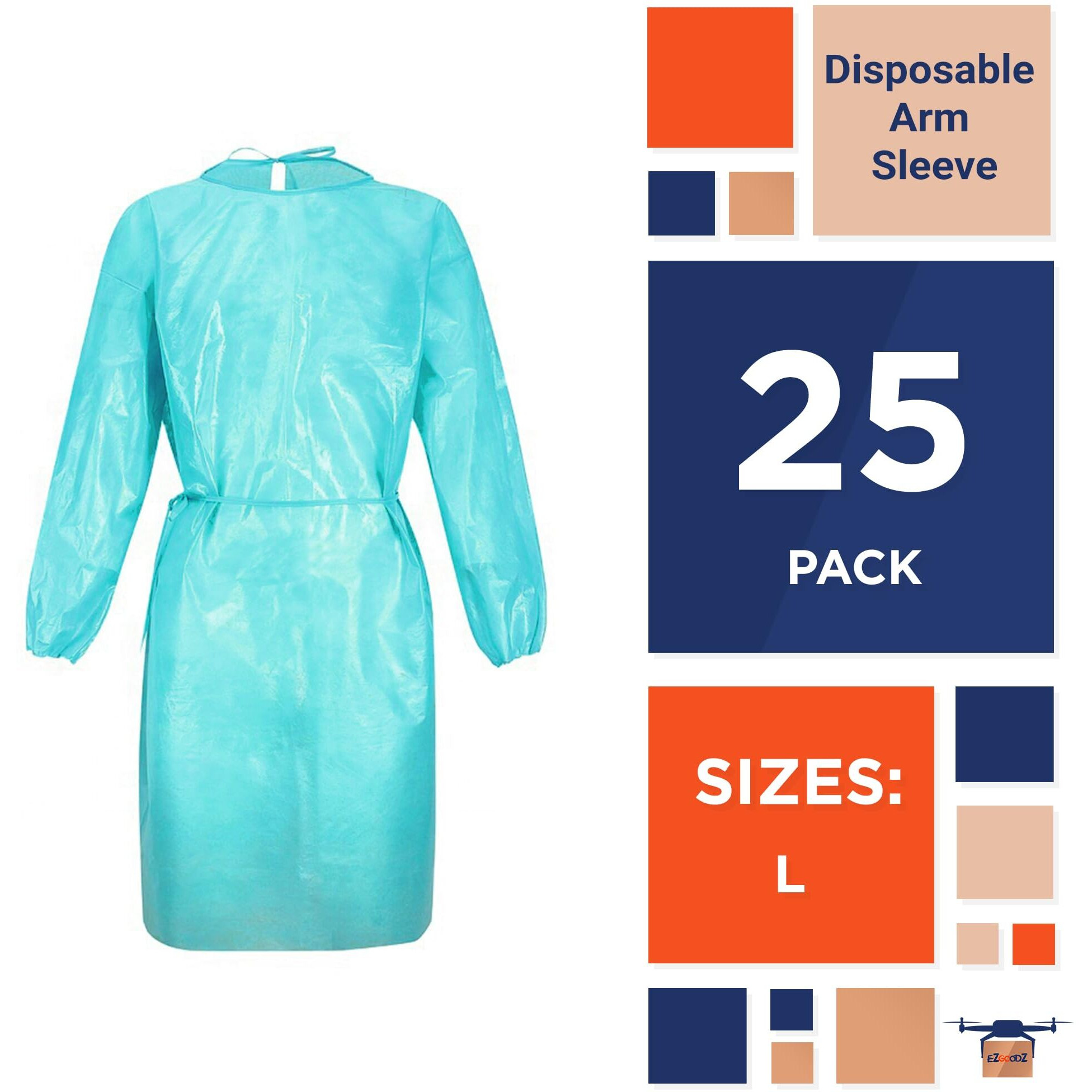 Ezgoodz Blue Polyethylene Isolation Gowns 45 Long. Pack Of 25 Medical Disposable Gowns With Sleeves. Protective Gown Disposable 1 Mil Large Unisex Disposable Ppe Gowns 45"" With Elastic Thumb Loops.