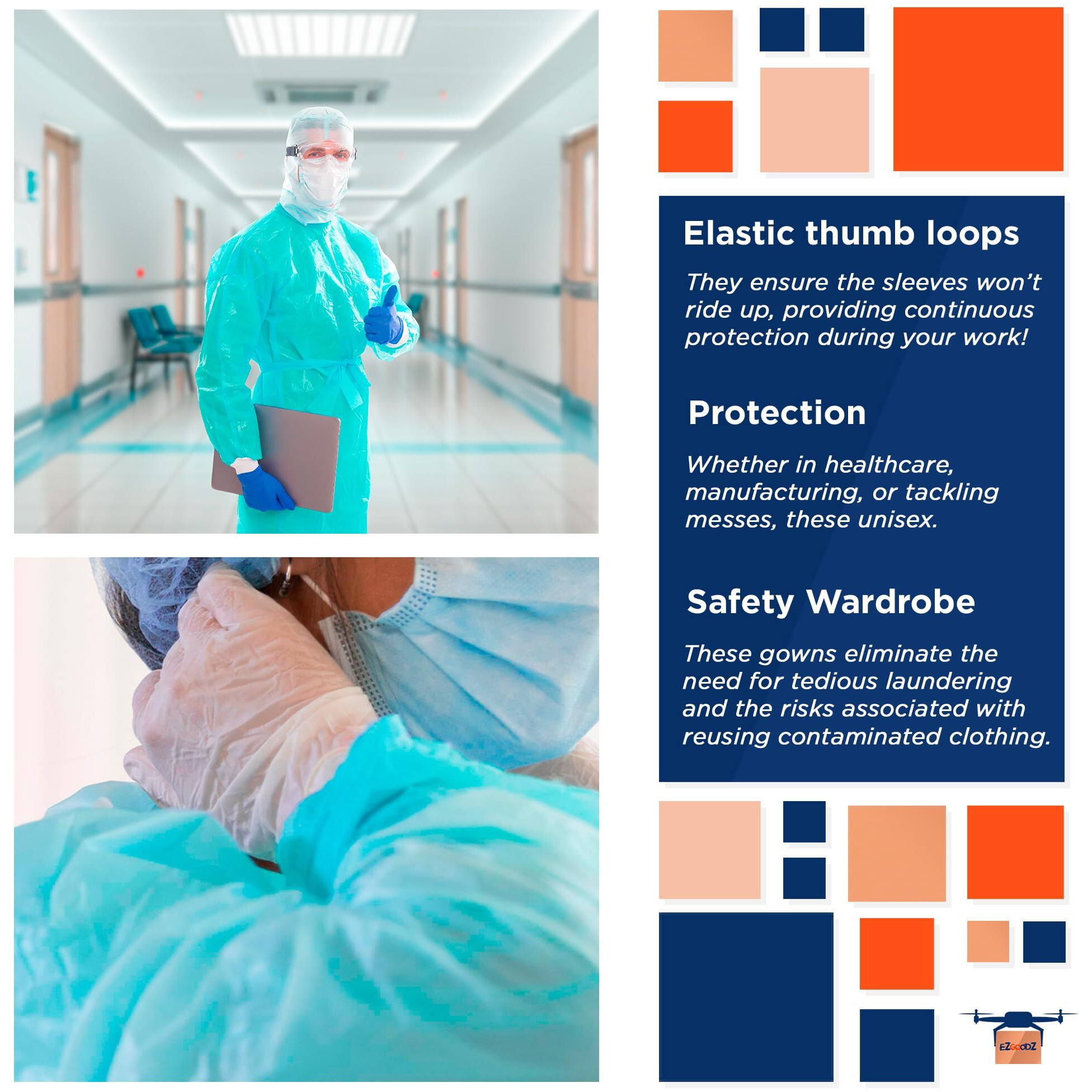 Ezgoodz Blue Polyethylene Isolation Gowns 45 Long. Pack Of 25 Medical Disposable Gowns With Sleeves. Protective Gown Disposable 1 Mil Large Unisex Disposable Ppe Gowns 45"" With Elastic Thumb Loops.