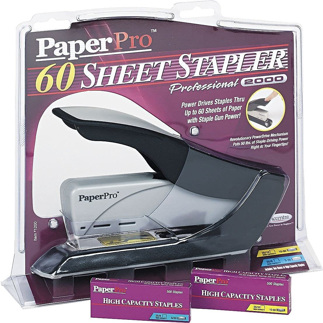 Bostitch 60 Sheet Heavy Duty Stapler - Two Fingers  No Effort  Spring Powered Stapler - Gray (1200)
