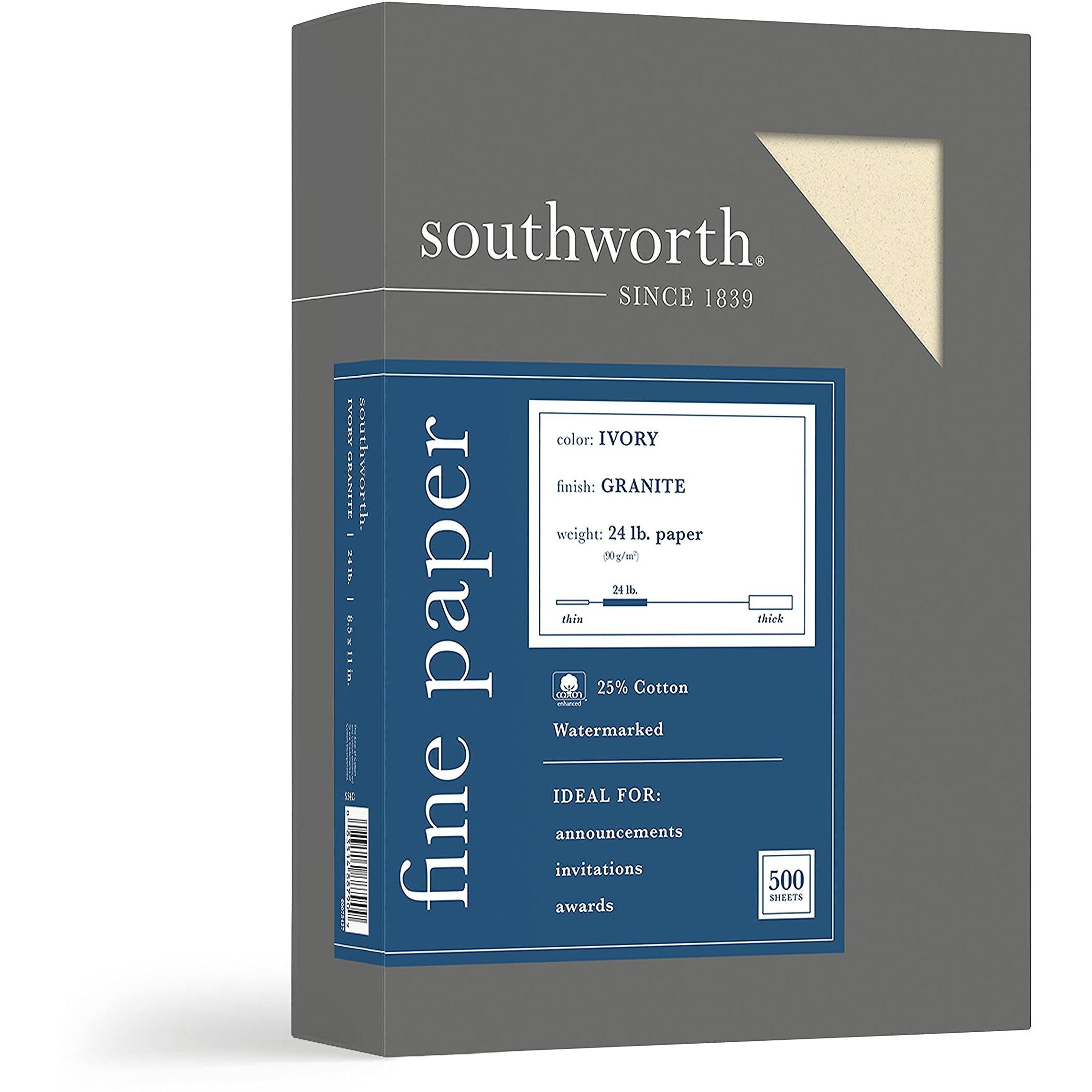 Southworth 934C Granite Specialty Paper Ivory 24 Lbs. 8-1/2 X 11 25% Cotton 500/Box