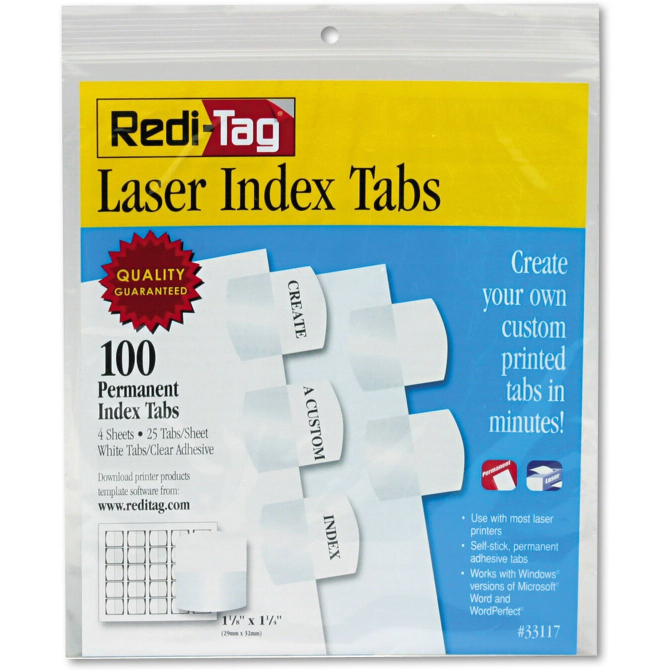 Redi-Tag 33117 Laser Printable Index Tabs 1 1/8 Inch White 100/Pack