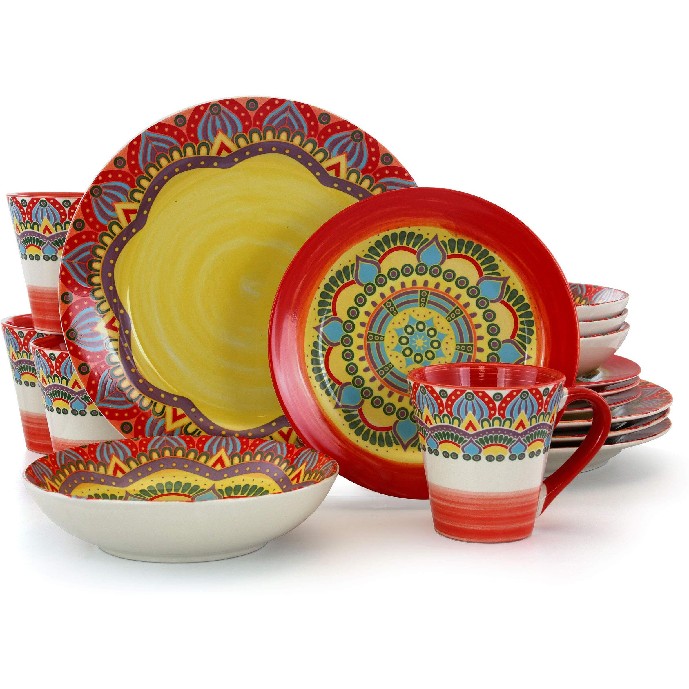 Elama Multicolored Round Stoneware Mandala Pattern Dinnerware Set  16 Piece  Red