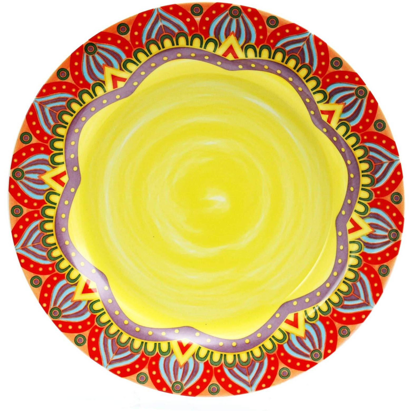 Elama Multicolored Round Stoneware Mandala Pattern Dinnerware Set  16 Piece  Red